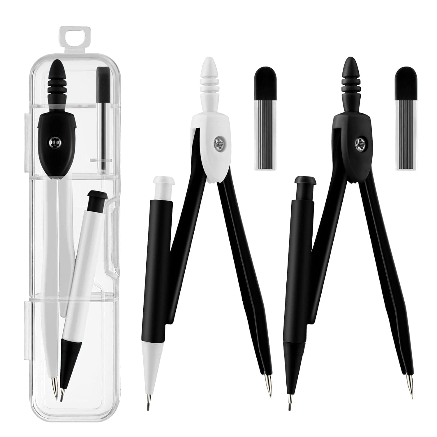 3 Packs Colorful Basic Metal Math Compass for Geometry Set,Extra Leads, Mechanical Pencil Desiged,Drawing Tools Compass for Students School Supplies and Office Supplies (Whit and Black)