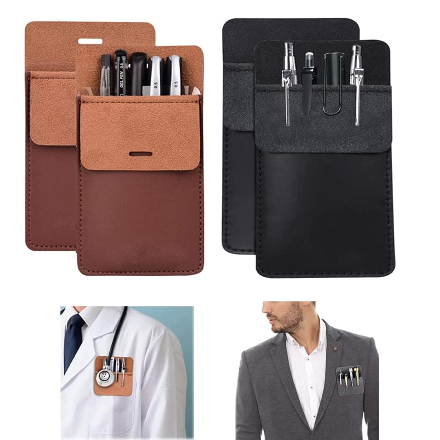 Pocket Protector Pen Holder, 4 Pcs Multi-Purpose Leather Pen Pouch Holder Organizer, Pens Pocket Protector for Office School Hospital Men Women Nurse Shirt Lab Coats Pant Pencil Pointers Ruler Tools