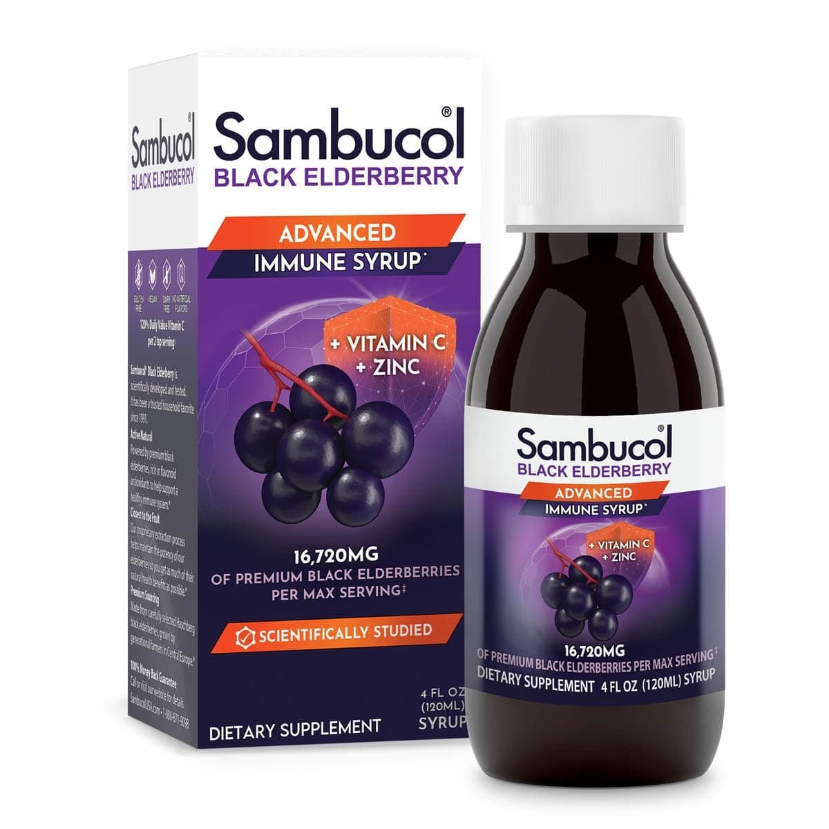 Sambucol Black Elderberry Syrup Original Formula for Immune Support, High Antioxidant Sambucus Elderberry Supplement for Adults and Kids Ages 4+, Gluten Free, Vegan, Kosher Certified, 4 Fl Oz | Elderberry Syrup with Zinc and Vitamin C for Adults, High Antioxidants, Gluten Free