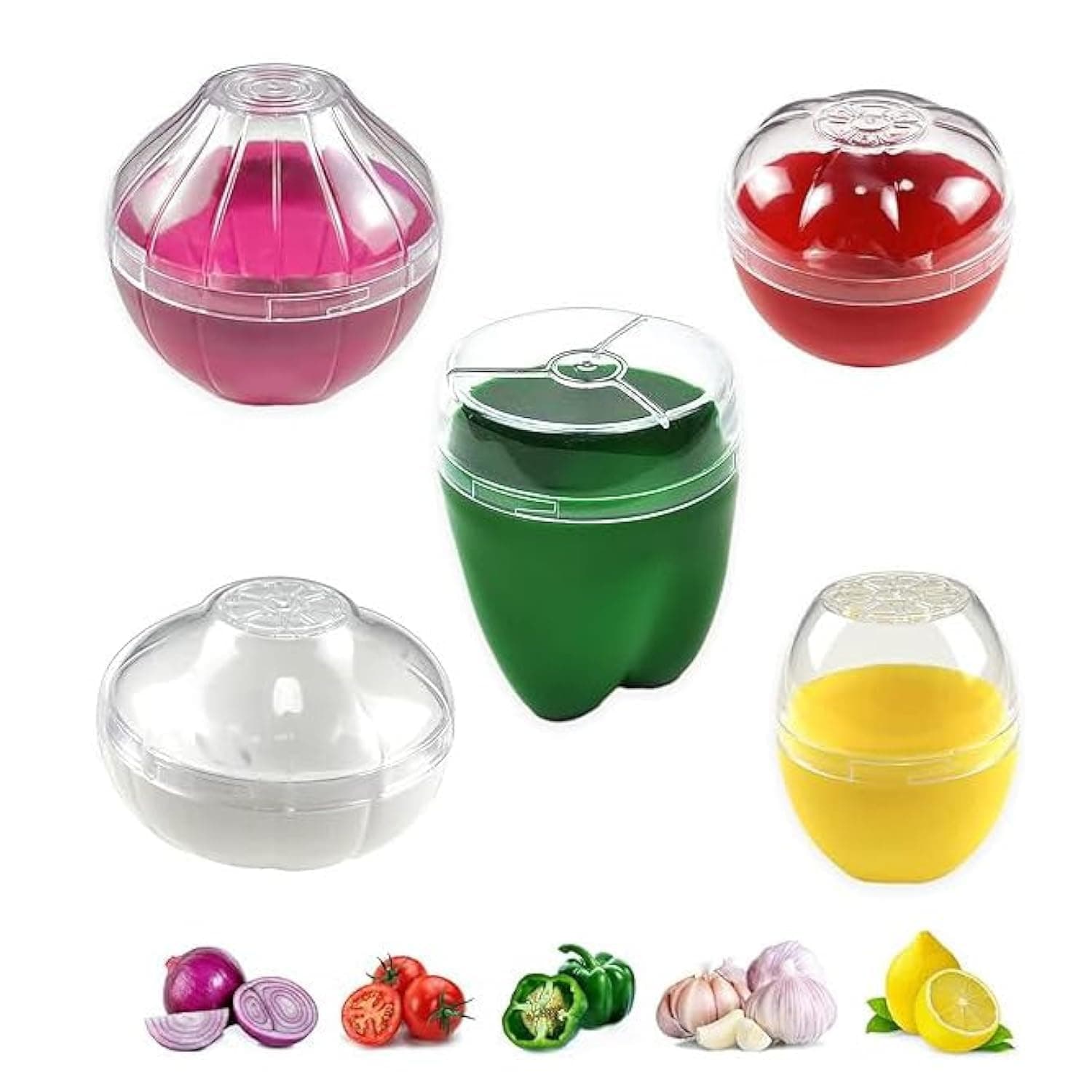 5-Piece Fruit & Vegetable Storage Containers for Fridge, Onion/Avocado/Green Pepper/Tomato Keeper, Crisper Saver with Airtight Lid for Refrigerator (Middle East Kitchen Fit)