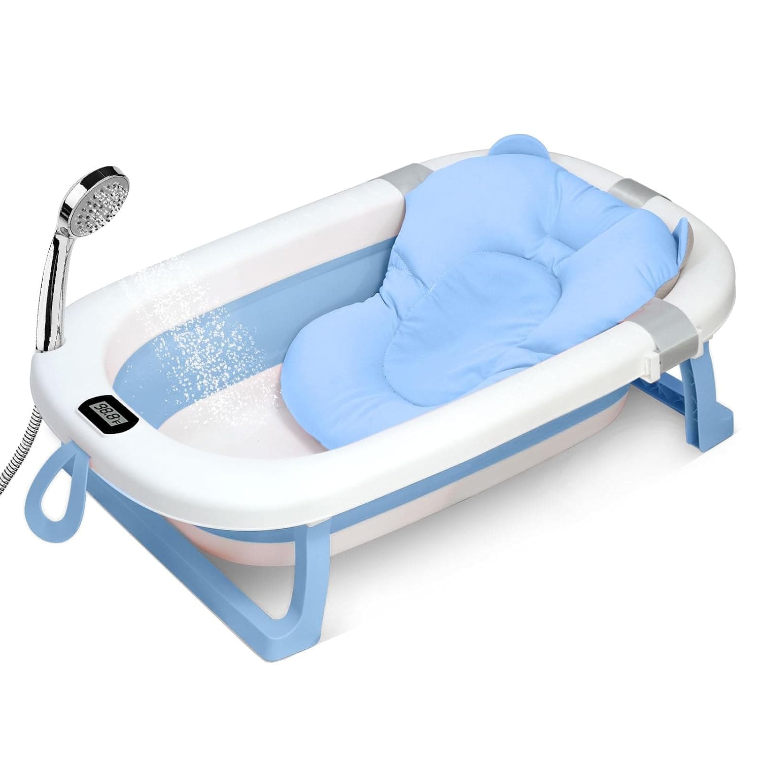 SKY-TOUCH Baby Foldable Bath Tub with Bathmat Cushion & Thermometer, Portable Baby Bathtub with Drain Hole, Shower Basin with Non-Slip Support Leg for Boy Girl (Blue)