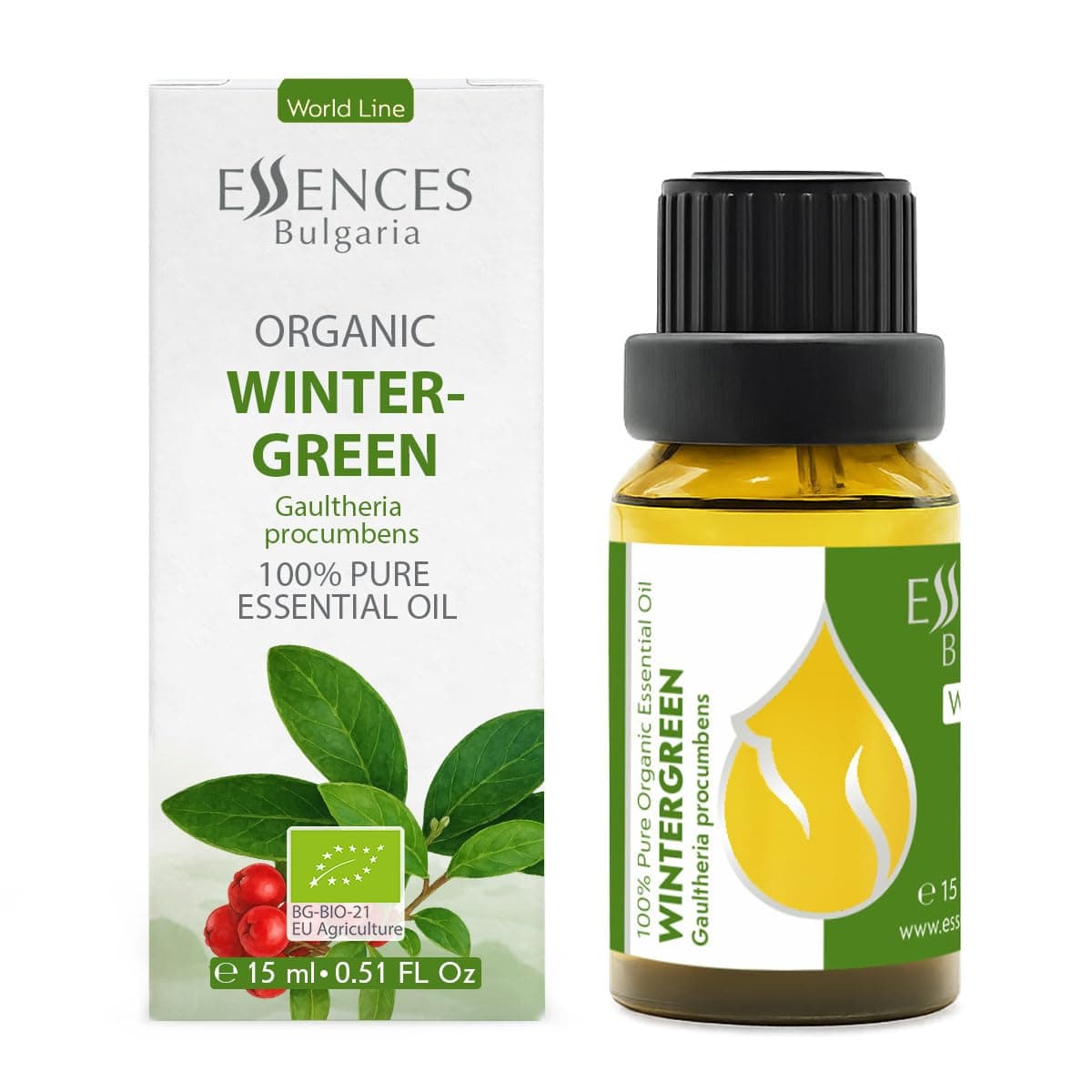 Essences Bulgaria Organic Wintergreen Essential Oil 0.51 Fl Oz | 15ml | Gaultheria procumbens | 100% Pure | Natural | Undiluted | Therapeutic Grade | Aromatherapy | Cosmetics | Cruelty Free | Vegan