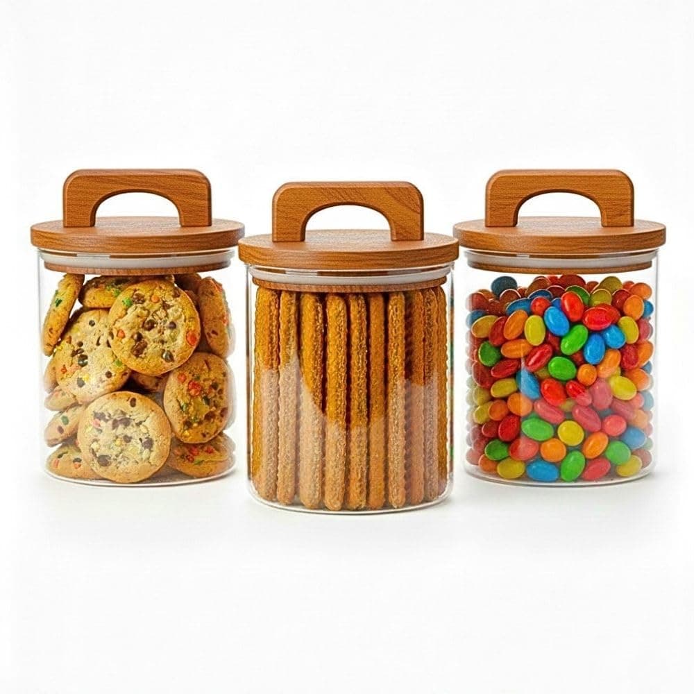 1CHASE Borosilicate Glass Food Storage Jar With Acacia Wood Air Tight Lid, Handmade Glass Canister For Kitchen Pantry Organizer, For Storing Pasta, Nuts, Coffee, Snacks, Set Of 3 (800 ML)
