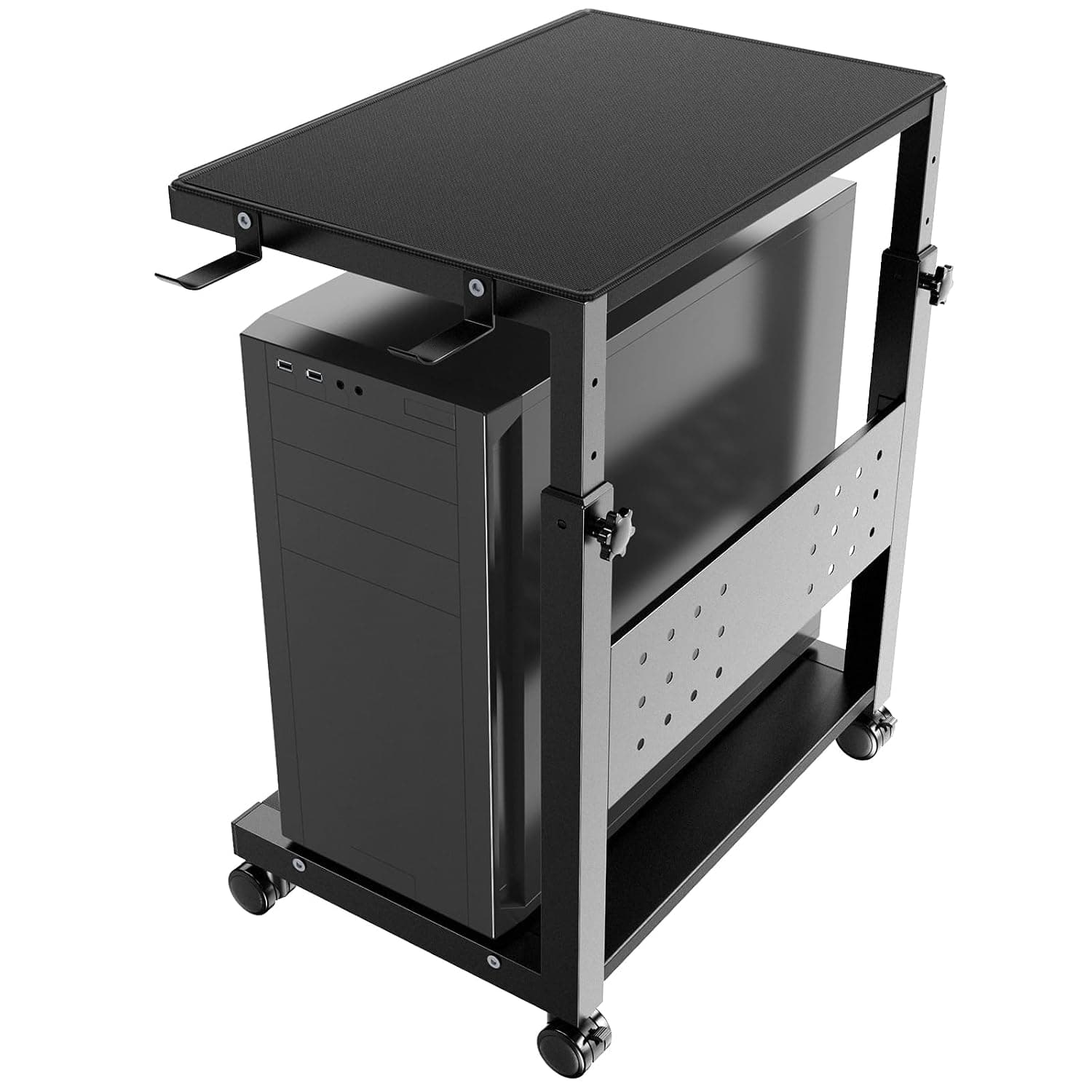 PUTORSEN Computer Tower Stand Cart - 2-Tier CPU Cart with 4 Casters, Rolling Holder with Pegboard & 2 Hooks, Height Adjustable from 20 7/16" to 30 1/4", for Office Home Gaming