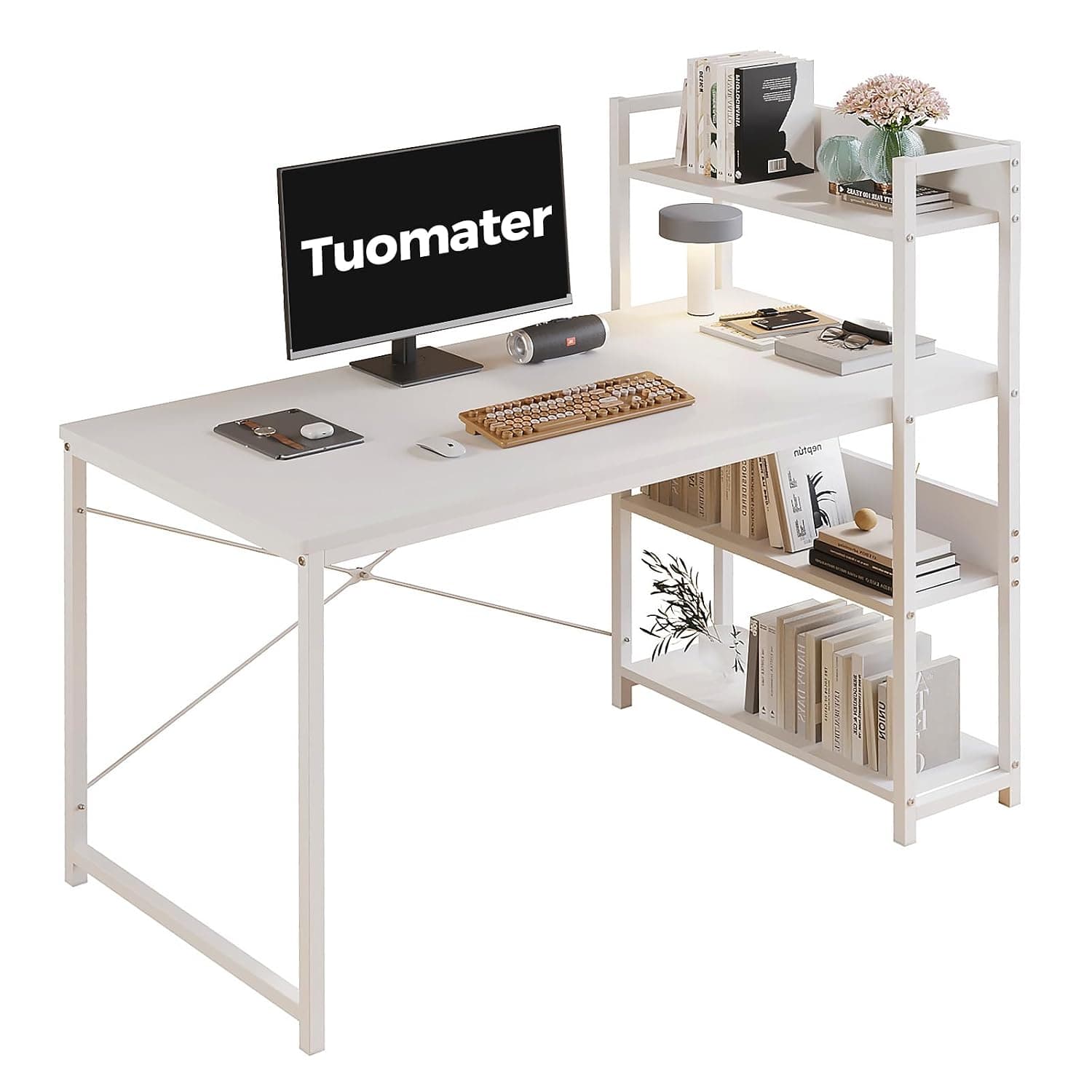Study Desk with Bookshelf, Computer Desk for Small Space, Office Desks with Storage Shelves, Simple Writing Desks Table for Home Office Workstations, School, Gaming, 110 x 50 x 73 cm (White)