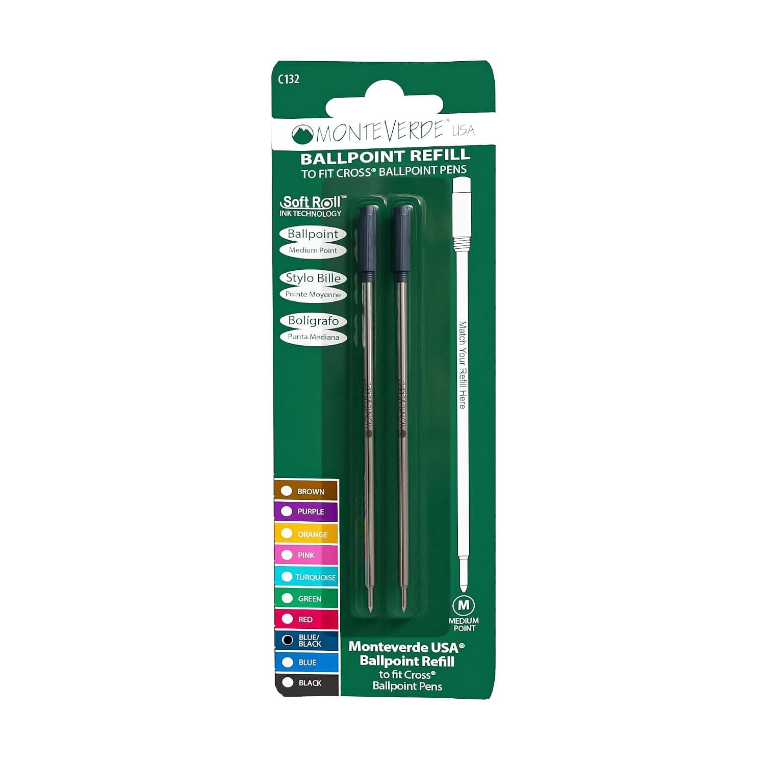 Monteverde Medium Ballpoint Soft Roll Refill for Cross Pens - Blue/Black (Pack of 2)