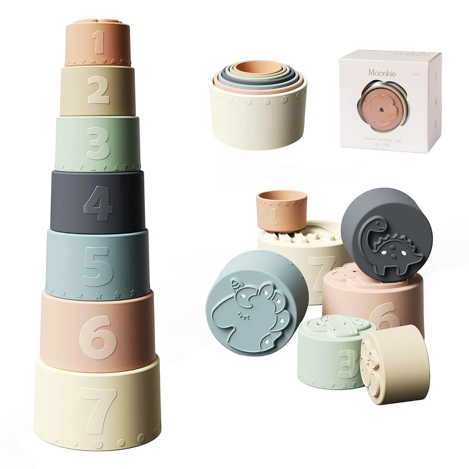 Moonkie Baby Stacking Cups Toy Silicone, Teether for Baby, Early Development & Activity Toys, Silicone Soft Toy, for Bath Play, Stacking Toys 7 Piece Set, Gifts for Boys and Girls 6 Months+