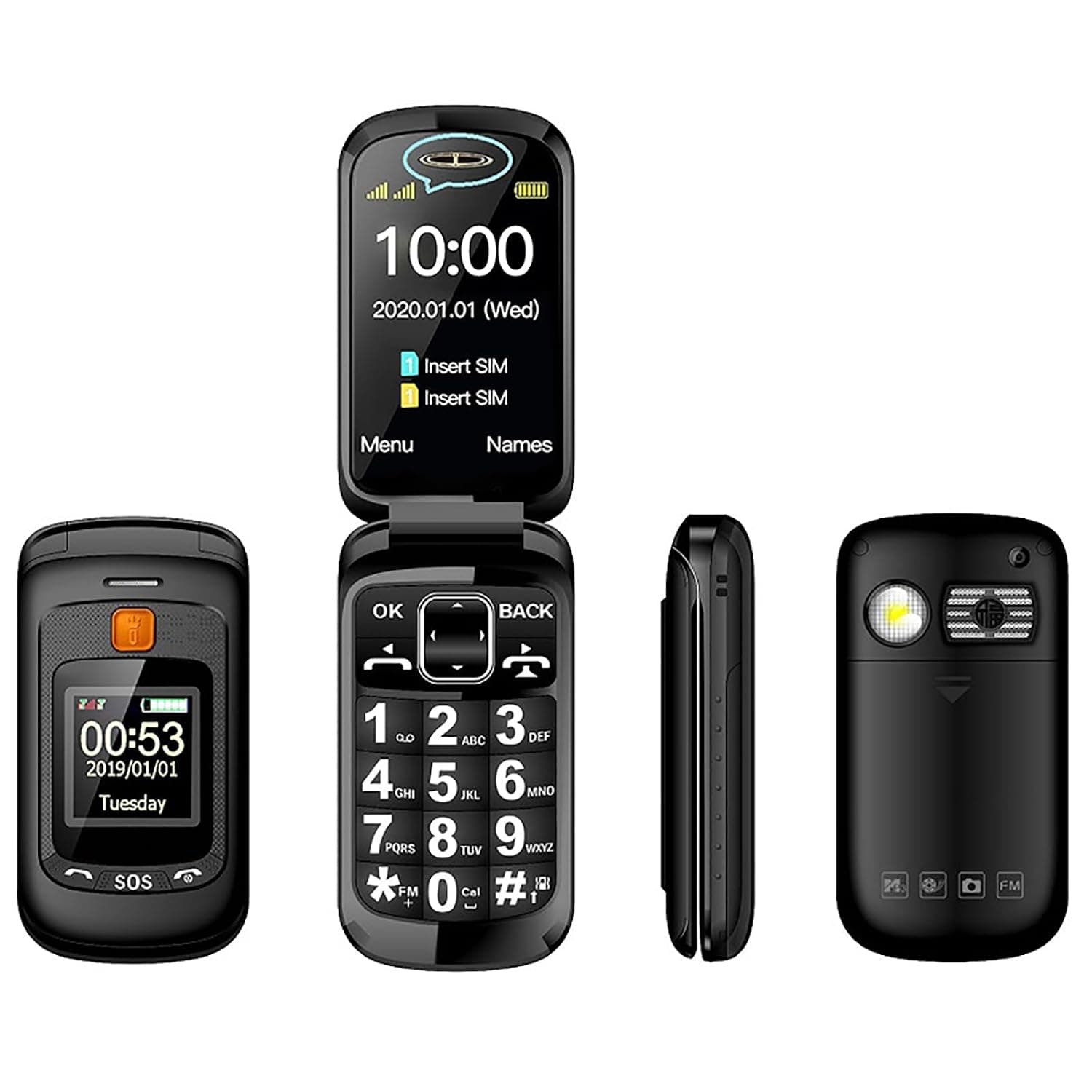 Backup Machine for The Elderly/children, Unlocked Flip Cell Phone, 2.4"/1.44" Dual Screen, Dual Sim Card, Multimedia Mp3, 2800 MAh Battery, Large Keypad+Large Volume, With SOS Button,Black