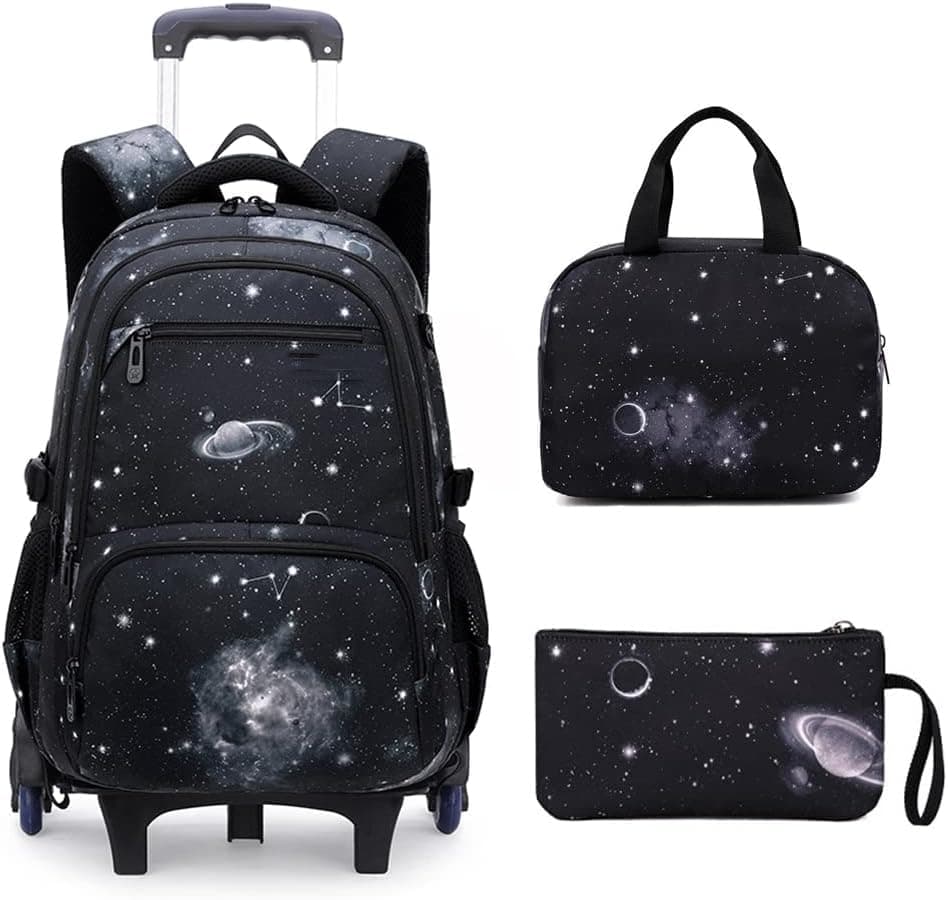 Rolling Backpack for School Boys Girls with Lunch Bag Teens Bookbag with Wheels Kids Trolley Bag Set, Six Wheels (B)