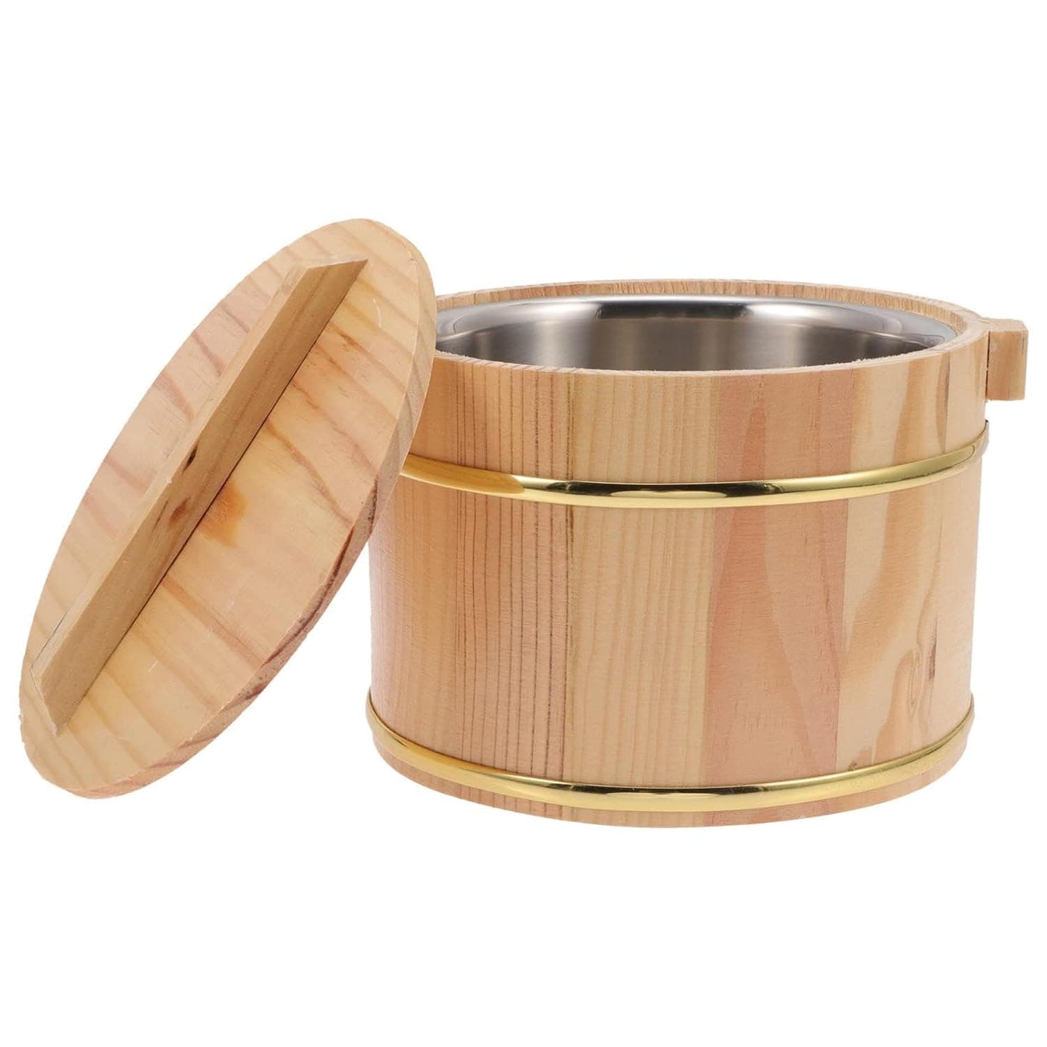Wooden Rice Storage Barrel with Lid - Traditional Japanese Rice Container for Kitchen, Food Storage Tub for Cooked and Sushi Rice, Bamboo Steamer Basket Included Set
