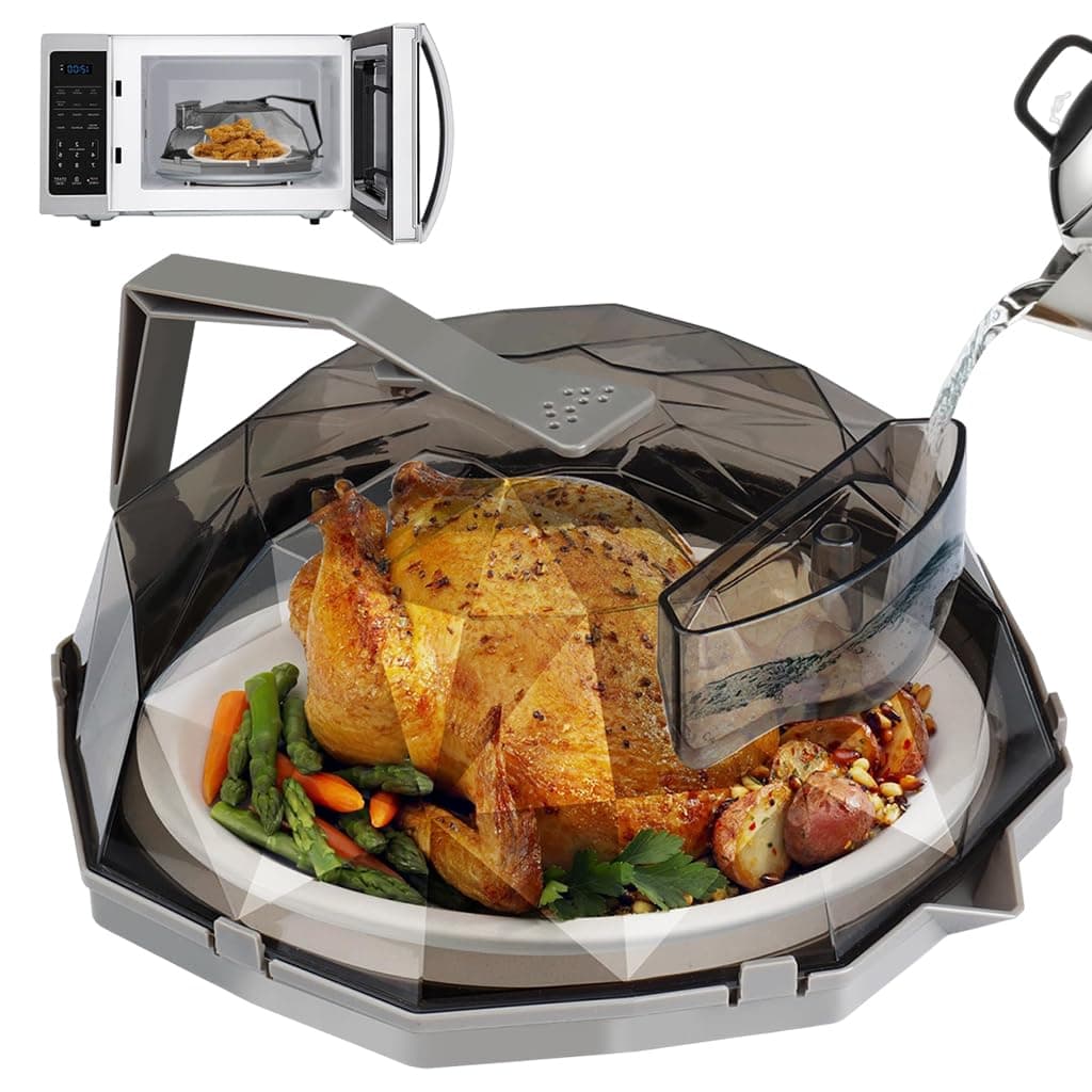 HASTHIP® Microwave Food Cover 11.8 Inch Splatter Guard with Handle, Clear BPA-Free Plate Lid Dome with Steam Vent & Water Storage Box for Kitchen Reheating (Grey)