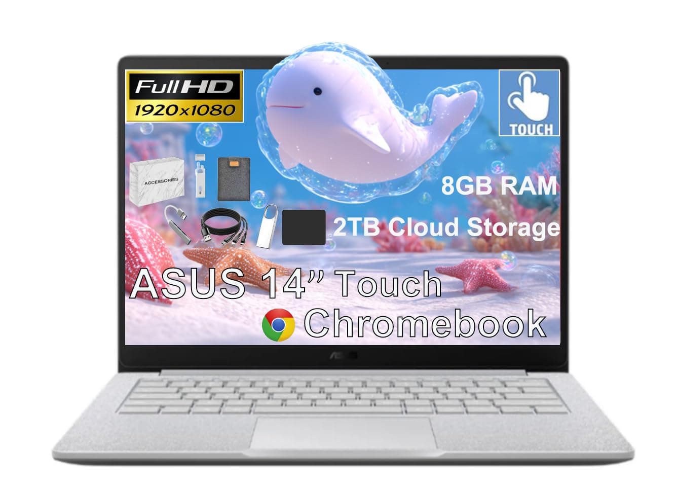 ASUS 14" FHD Touchscreen Students Chromebook, Intel Celeron N4500 (> i3-1115G4), 8GB RAM, 2TB Cloud Storage, 384GB Storage (128GB eMMC + 256GB SD Card),Anti-Glare, Chrome OS,with 5ave 6-in-1 Kit
