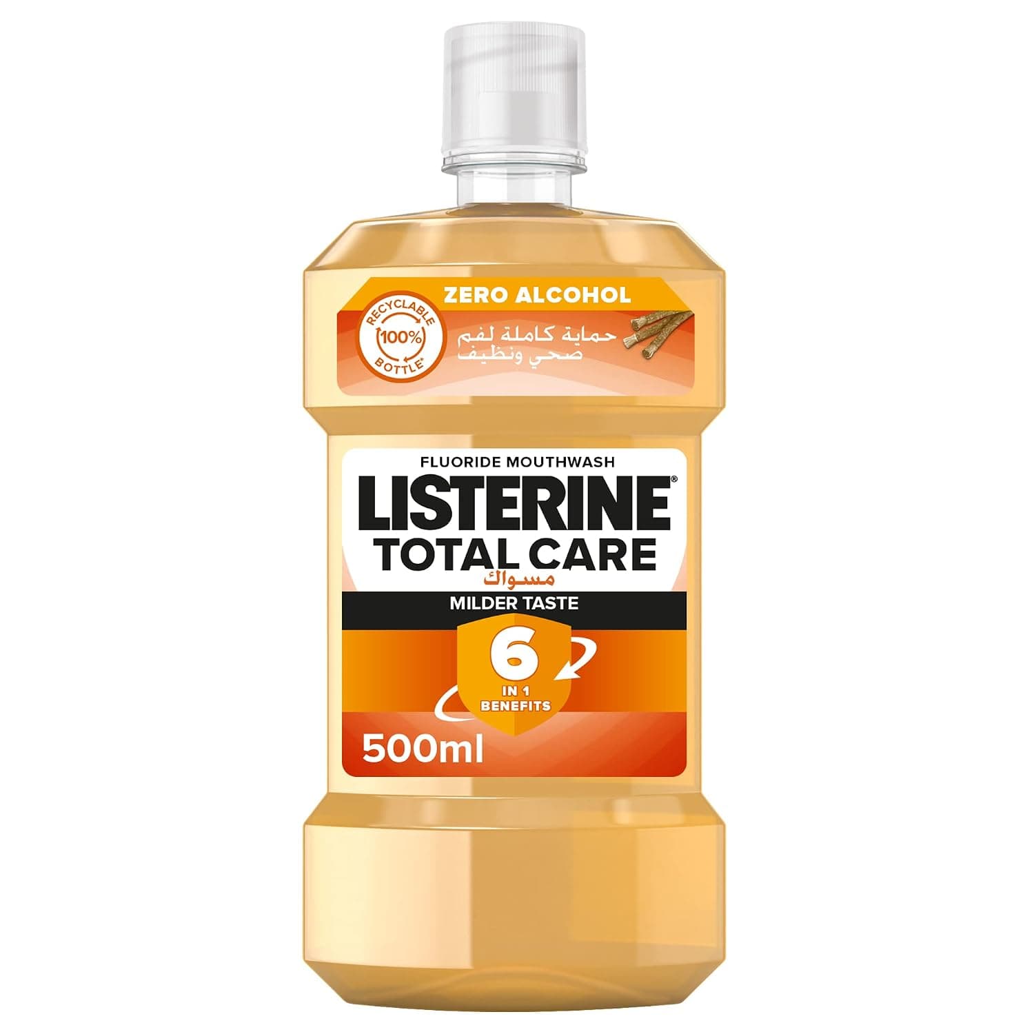 Listerine, Total Care, powerful combination of science and natural Miswak extract, Milder Taste, Zero Alcohol, Fluoride Daily Mouthwash, 500ml