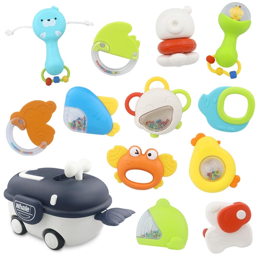 Baby Rattle Toy Set, Colorful Infant Teether and Shaker Toys, 0-18 Months Development Set with Whale Car and Animal Shapes, 13 Piece (Whale)