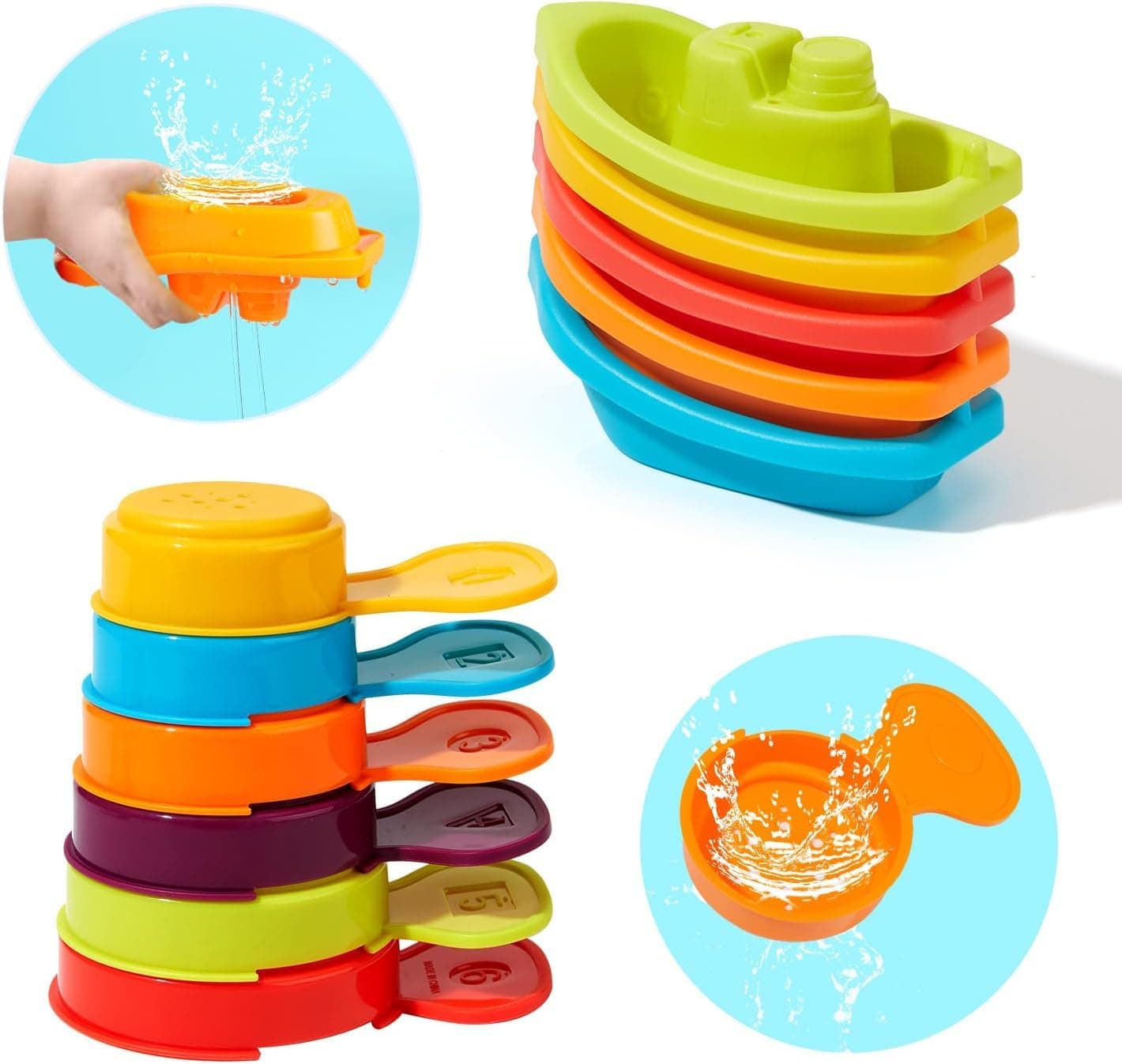 11 Pcs Baby Bath Toys, Mold-Free Bathtub Play Set, Toddler Water Table and Pool Toys for Kids Ages 1-3, with Floating Boats and Scoops, Educational Water Activity for Stuffers