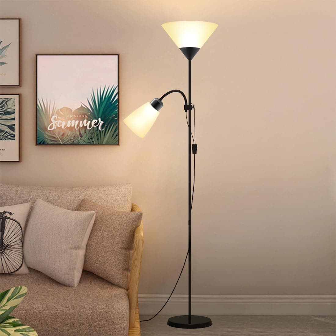 Floor Lamp, LED Floor Lighting with Adjustable Reading Light, Long Standing Light for Living Room, Bedroom, Office (Black)