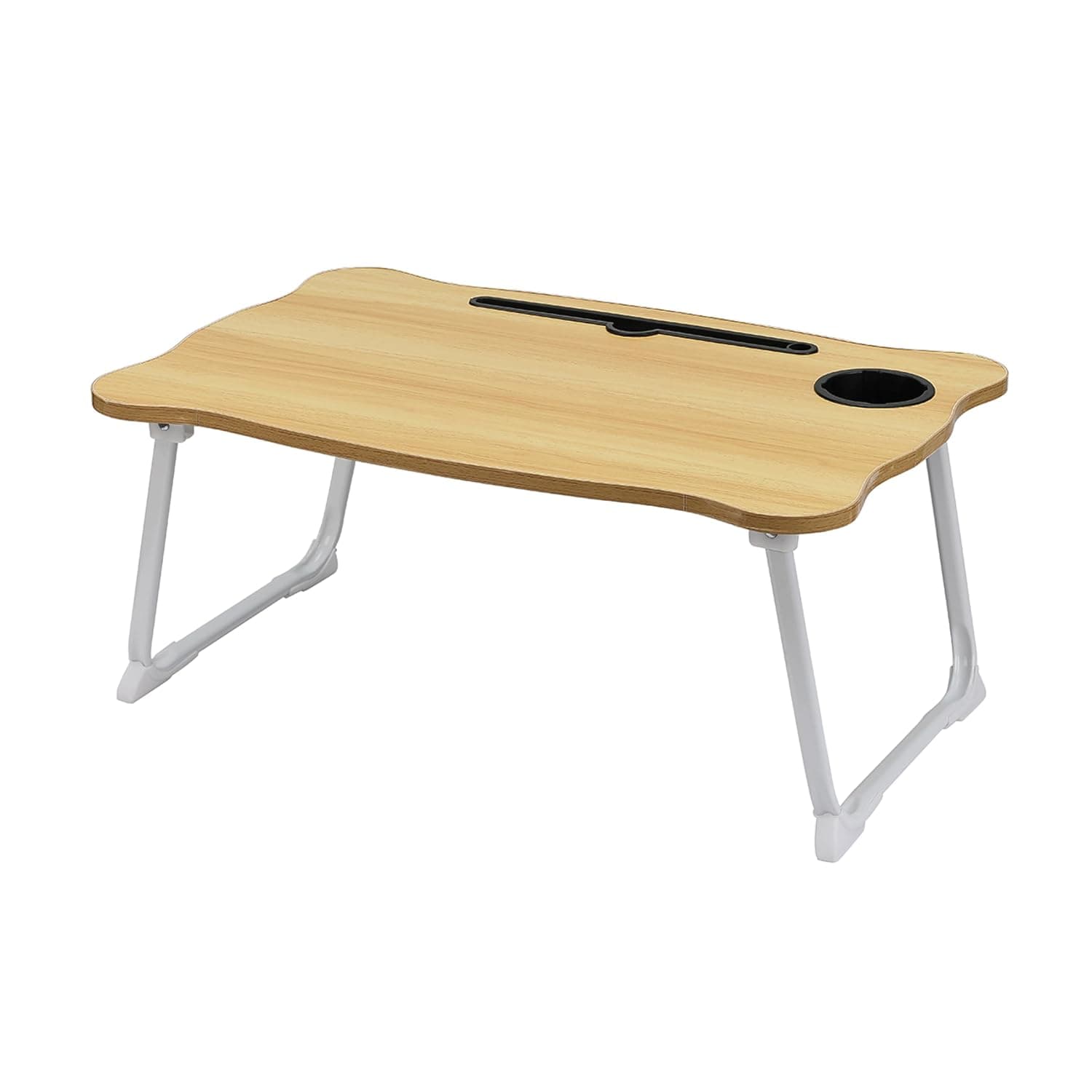 Lawazim Folding Table With Drawer - Brown Color - Laptop Bed Tray Desk with Flat Surface, Device Slot, Cup Holder, and Storage Drawer - for Bed, Sofa, Floor, Studying, Eating, Reading, and Writing