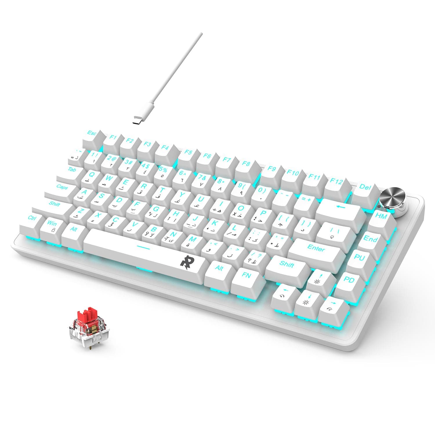 لوحة مفاتيح ألعاب بحجم 70% من روك باو، لوحة مفاتيح ميكانيكية 82 مفتاح عربي وانجليزي مزودة باضاءة خلفية لون ازرق ثلجي و19 وضع، لوحة مفاتيح صغيرة سلكية قابلة للتبديل الفوري، اغطية مفاتيح PBT للألعاب