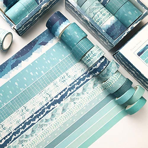 Washi Tape Set, 12 Rolls 4 Size Decorative Masking Washi Tapes for Craft, Scrapbook, DIY, Planners, Gift Wrapping (Blue Track)