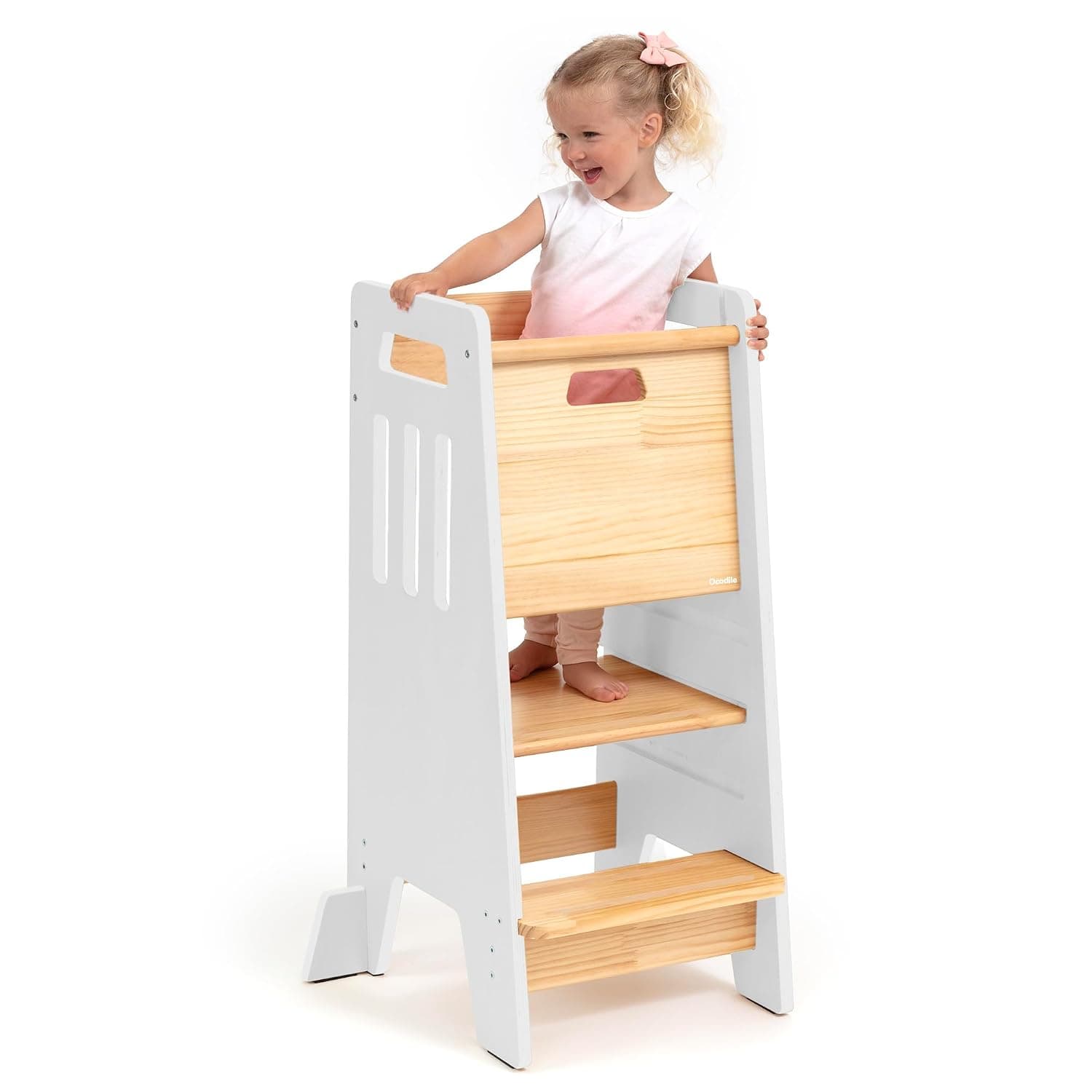 Toddler Tower with a Sliding Door Ensuring Full Back Protection - Complete Toddler Kitchen Stool Helper with Support Feet - Easily Height Adjustable for 18+ Months Kids to 6-year-old - White