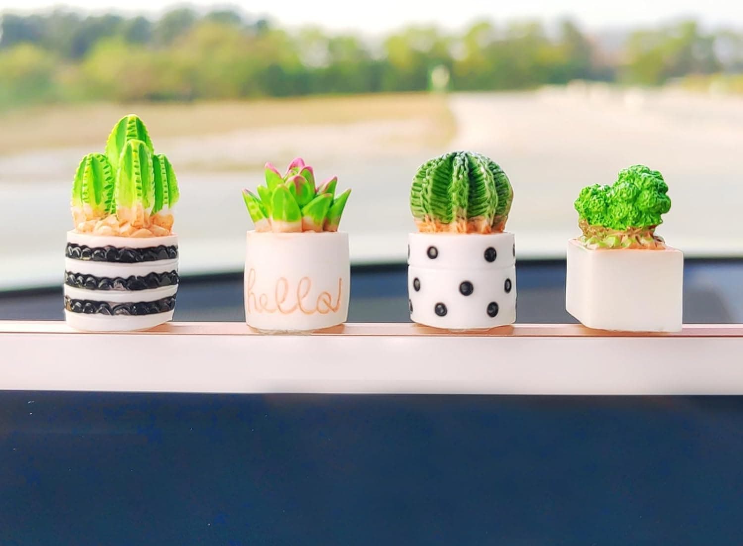 Tazweeq 4 Pcs Car Ornaments Cute Succulent Plant, for Dashboard & Rear View Mirror, Flower Pots Design, Center Screen Decoration, Car Interior Accessories for Women Men