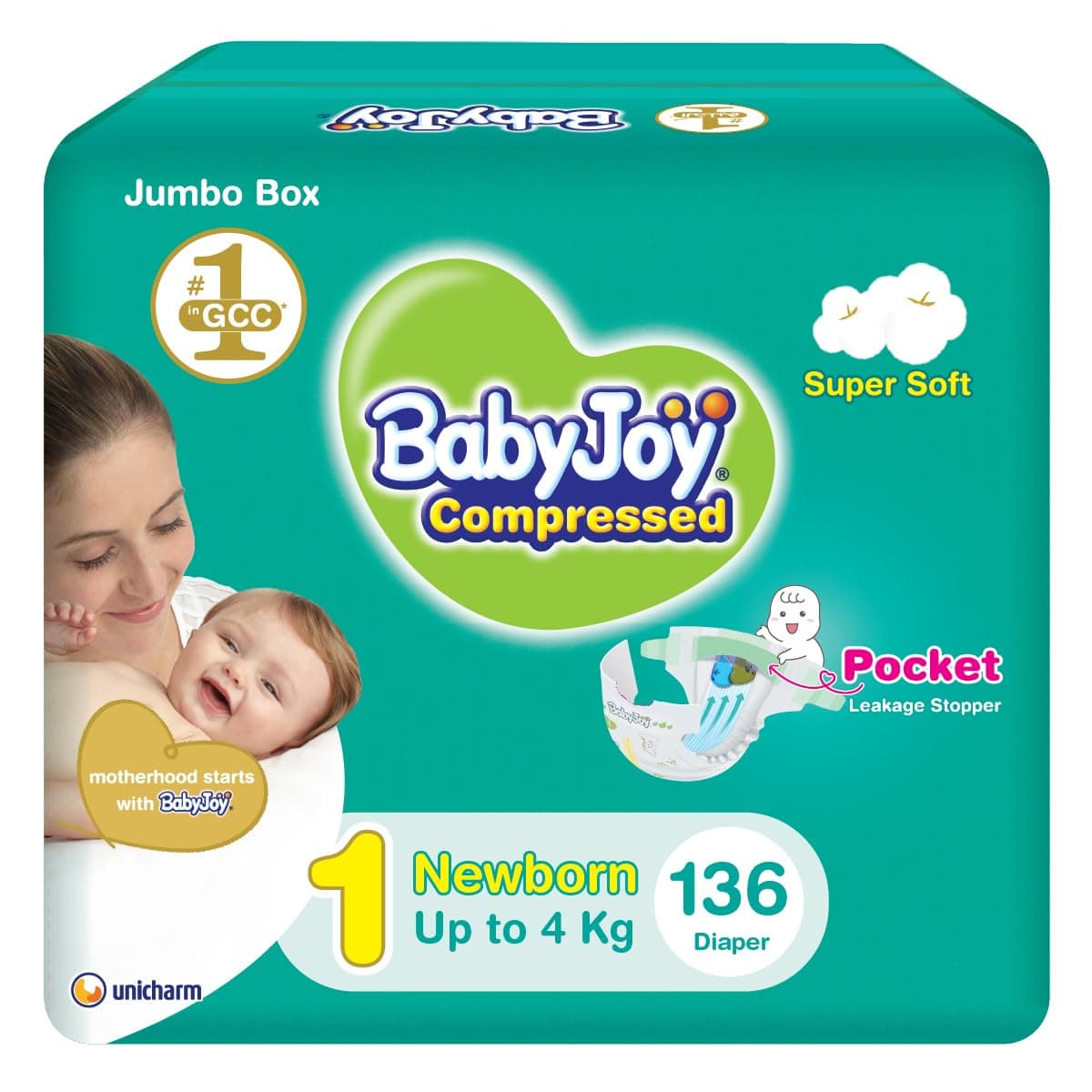 Babyjoy Compressed Diamond Pad Diaper Jumbo Box Newborn, Size 1, 136 Count, Up To 4 Kg
