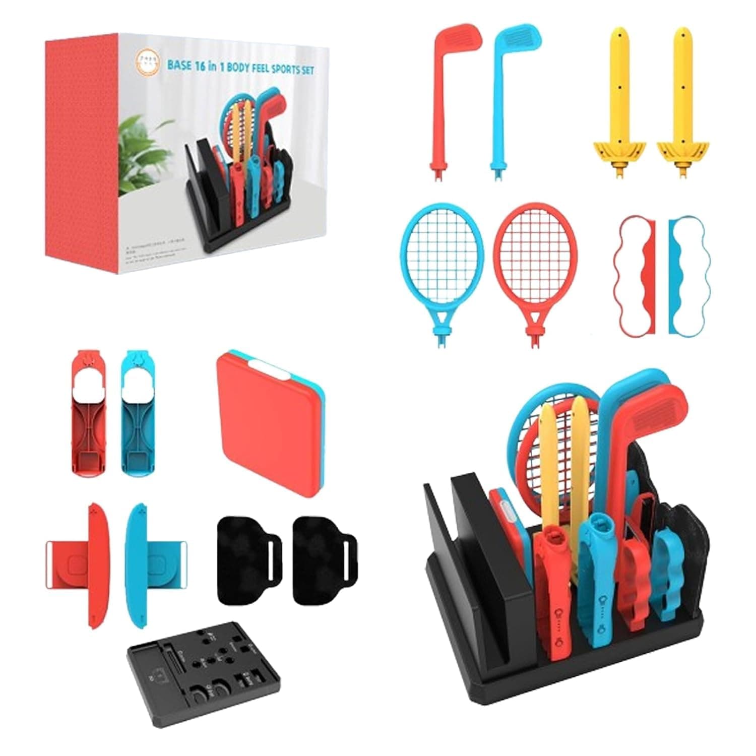AriKroii Switch Sports Accessories 16 in 1 Bundle Pack for Nintendo Switch & Switch OLED with Tennis Rackets, Soccer Leg Straps & Joycon Grips Golf Clubs, Family Sports Games Pack Accessories Kit