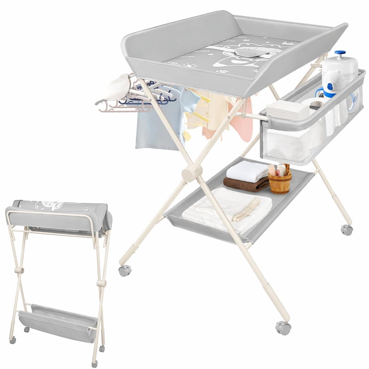 Portable Baby Changing Table, Foldable Diaper Changing Station with 3-Level Adjustable Height, Waterproof Pad, Safety Strap and Space-Saving Design