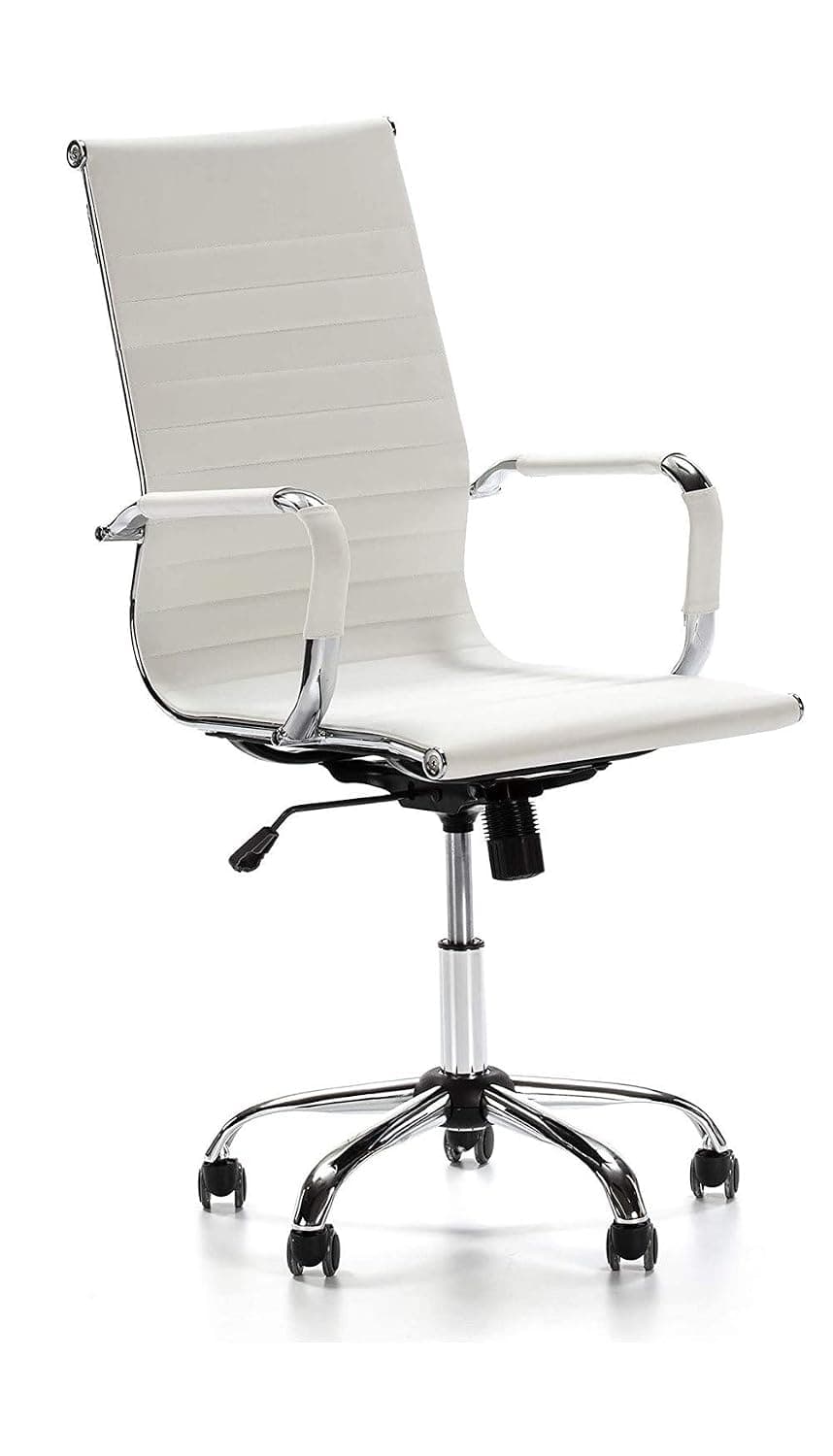 Mahmayi Ultimate 031L Eames Replica Ribbed PU Chrome High-Back Ergonomic Office Chair with Height Adjustable Seat - Complete Comfort for Your Workspace (High Back, White)