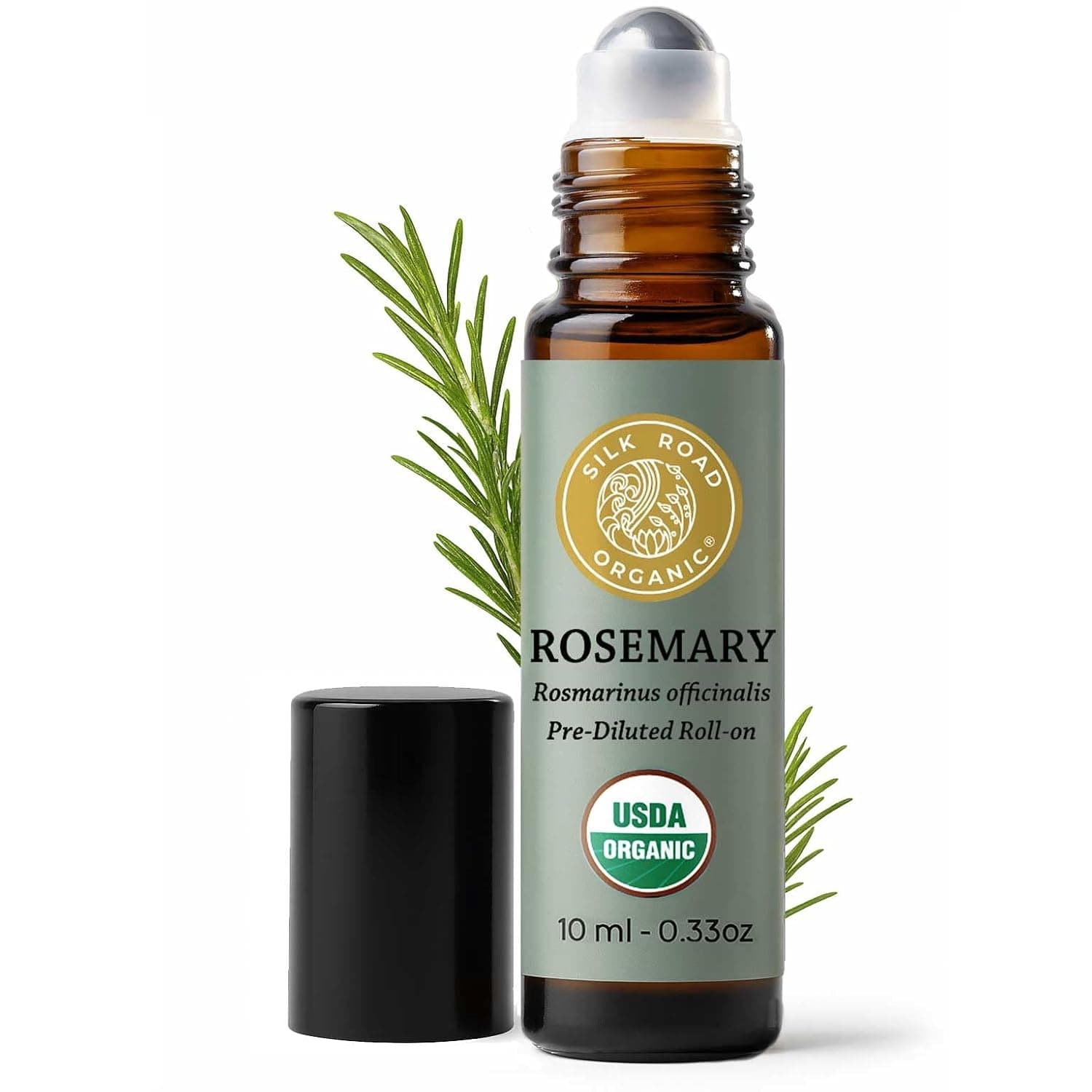 Silk Road Organic Rosemary Essential Oil & Jojoba Roll On, 100% Pure USDA Certified Aromatherapy to Improve Memory & Focus & Hair Health - 10 ml Roller