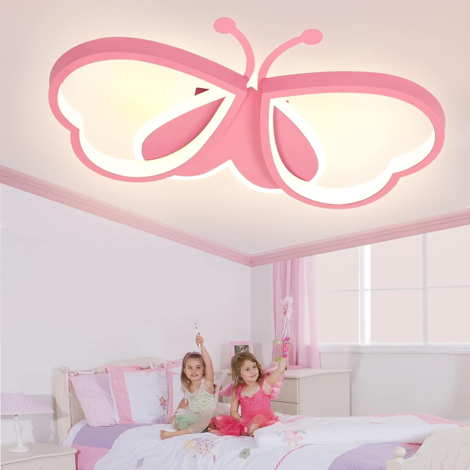 LUOLONG LED Children's Ceiling Light Butterfly Ceiling Light Dimmable Acrylic Ceiling Light Children's Room Creative Ceiling Light Girls Room Bedroom Cartoon Ceiling Lamp-rosa 62cm