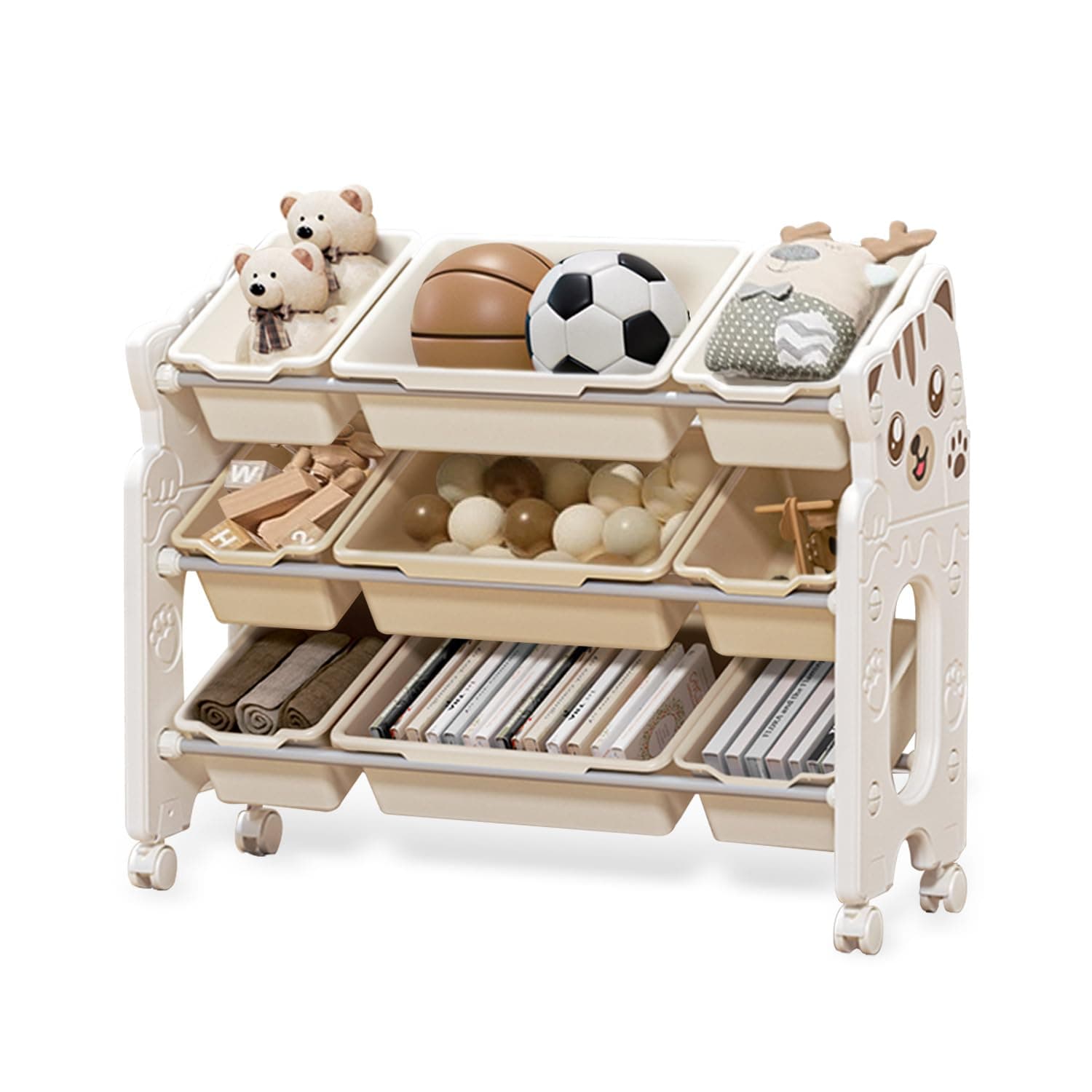 Kids Toy Organizer Toy Storage Cabinet with Wheels, Kids Toy Storage Rack Chest for Nursery, Playroom, Kindergarten Furniture