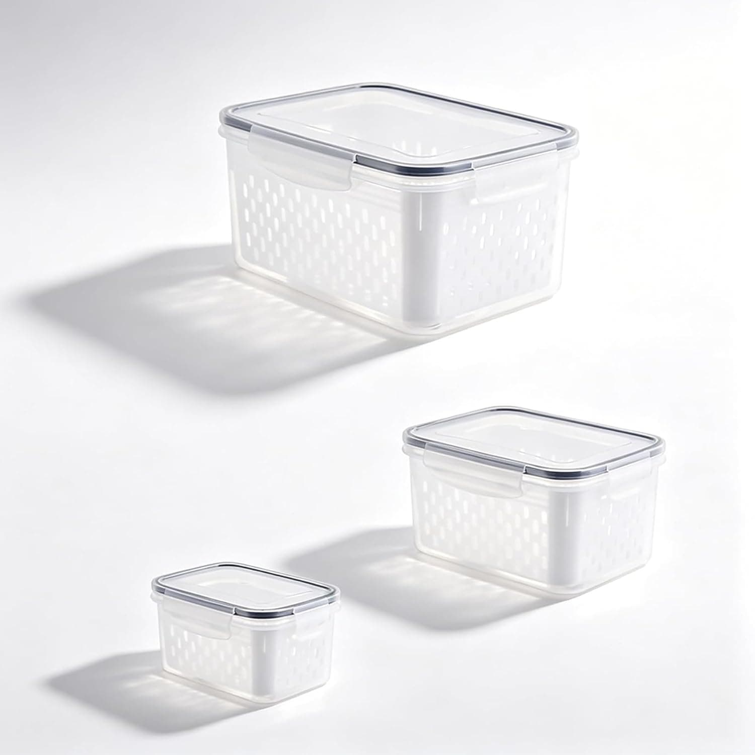 3 Pack Airtight Food Storage Containers with Removable Colander, Produce Saver Bins for Fruits, Vegetables and Berries, Kitchen Fridge Organizers