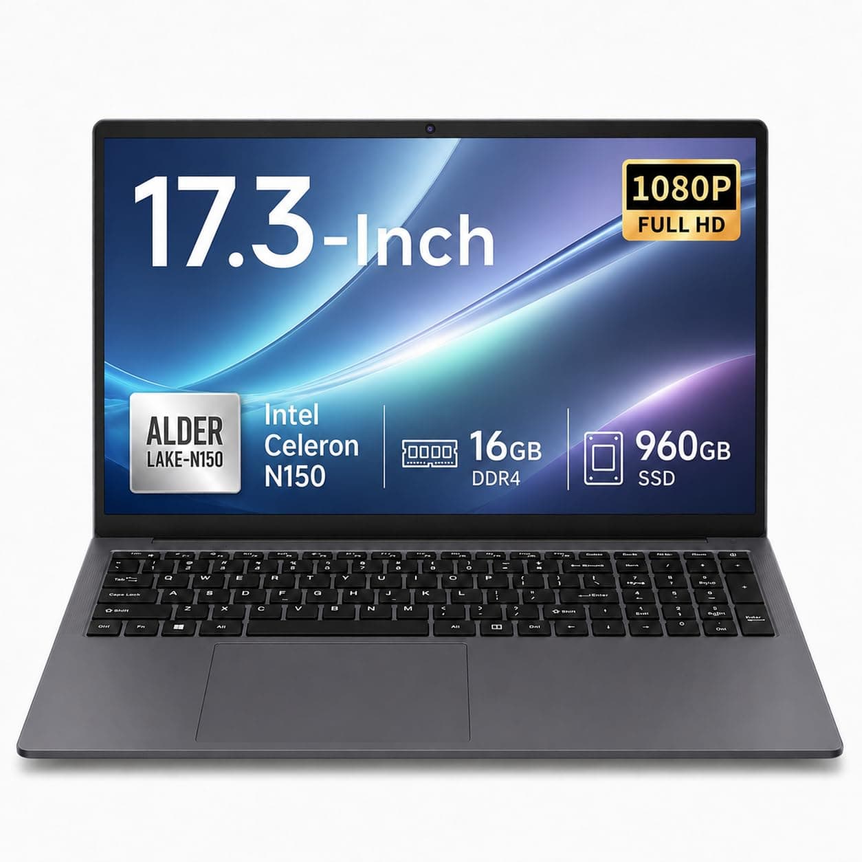 BINTEC 17-inch Laptop, 16GB DDR4, Twin Lake-N150 high-Efficiency Processor (up to 3.6GHz), Fingerprint Unlocking & Backlit Keyboard, HDMI/USB 3.0, Expandable Storage, Gray (Gray, 16+960GB)