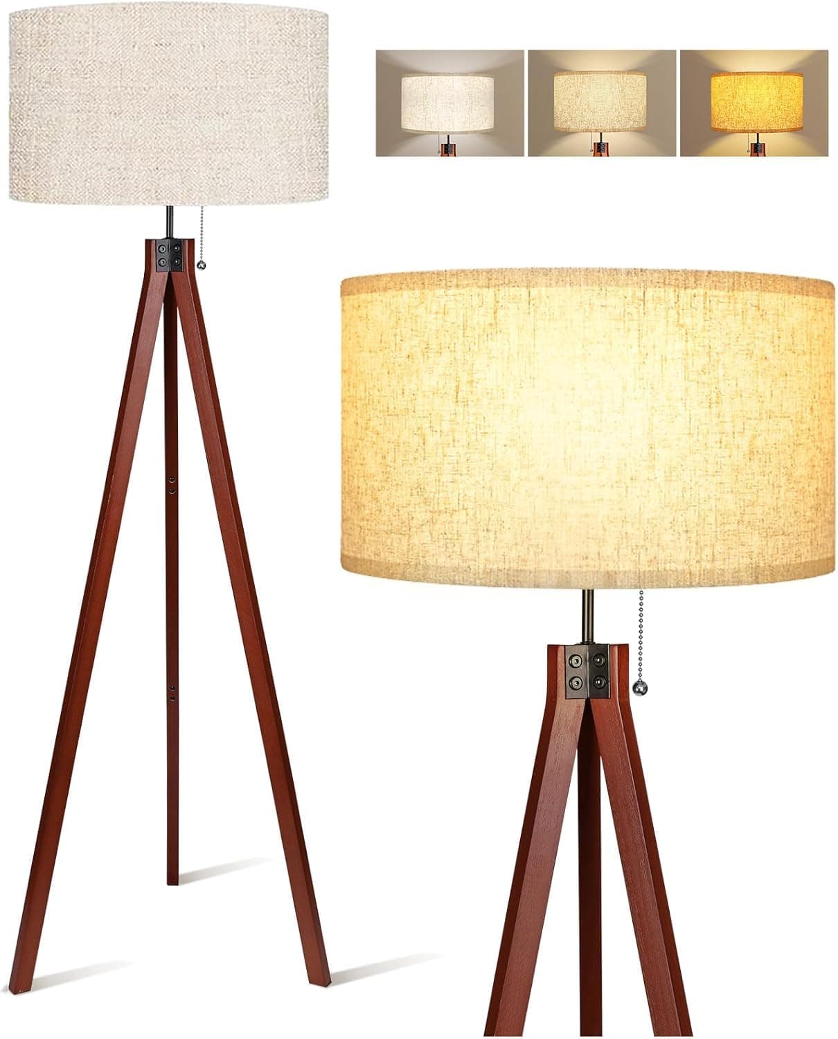 مصباح ارضي, WAMBORY Wood Tripod Floor Lamp, Mid Century Standing Lamp, Modern Design Studying Light for Living Room, Bedroom, Study Room and Office, Floor Lamp Shade with E26 Lamp Base