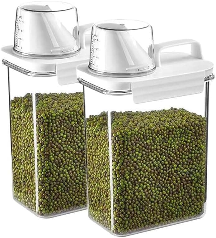 TRASSLE Rice Storage Container, Food Storage Containers with Lids Airtight and Measuring Cup Clear Plastic Kitchen and Pantry Organization Bin for Flour,Sugar,Grain & Rice | 2 Pcak (1800 ml)