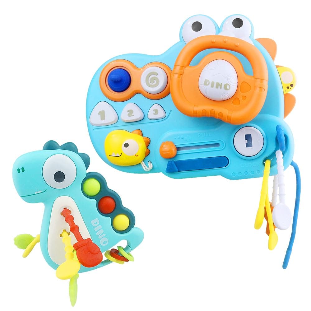 Baby Activity Board toys, Educational Busy Board with Steering Wheel, Interactive Learning Toy for Toddlers (Dinoasur)