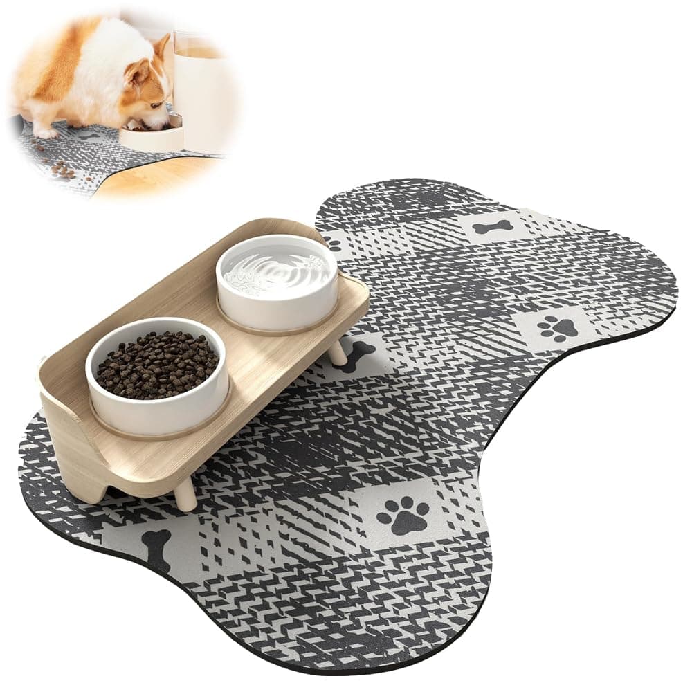 Dog Food Mat, Azonee Absorbent Pet Food Mat, Quick Dry Bone-Shaped Feeding Mat for Messy Drinkers, 12"x19", Black and White