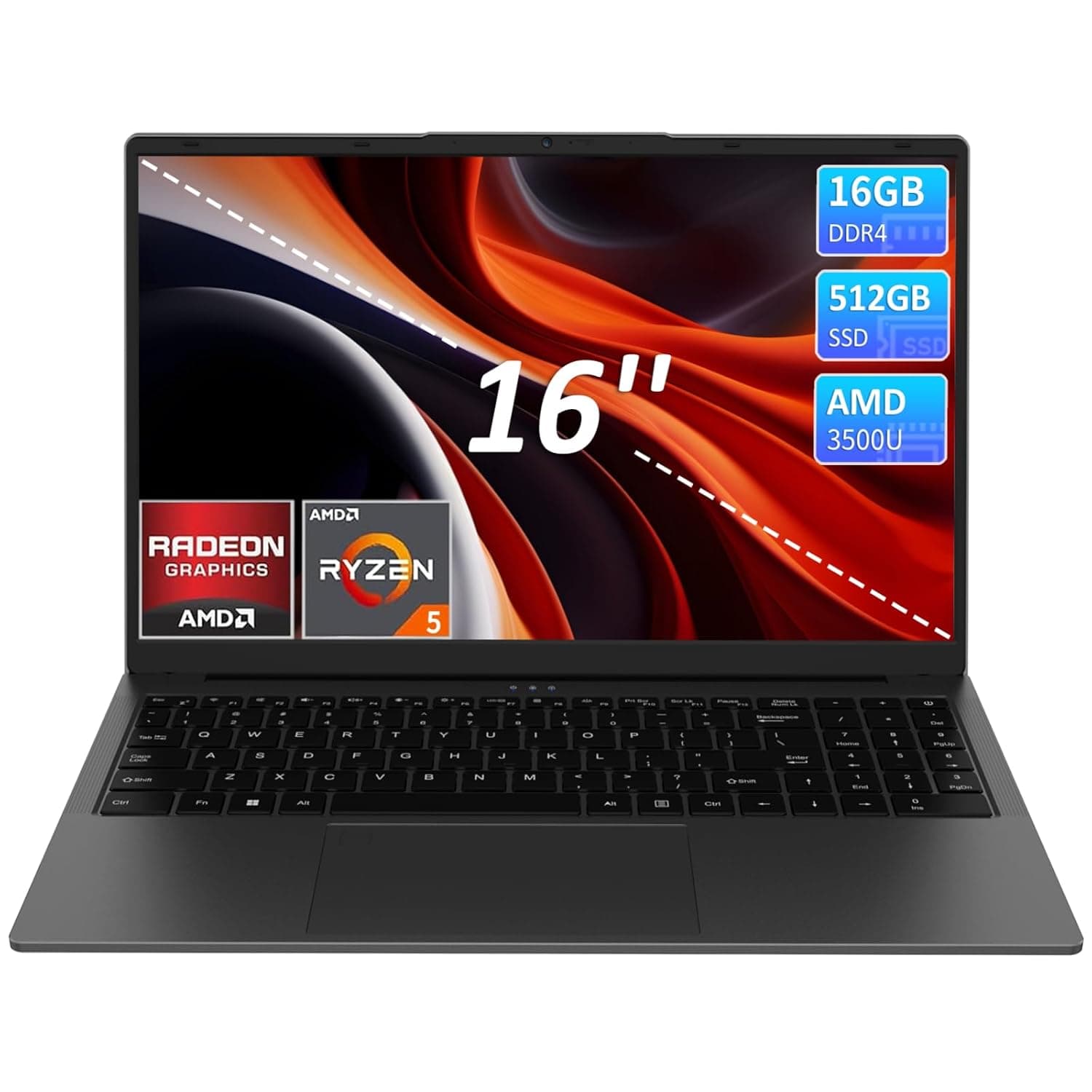 16" IPS FHD Laptop Computer, 16GB RAM 512GB SSD AMD Ryzen 5 3500U(4C/8T,2.0-3.7GHz) Radeon Vega 8 Student-Laptops with 2MP Webcam Fingerprint Backlit Keyboard Numpad for Office Home Study - Grey
