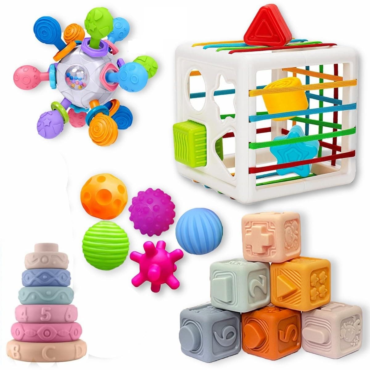 5 in 1 Montessori Toys for Babies 0-3-6-12 Months, Soft Baby Teething Toys, Sensory Bin Toy, Stacking Building Blocks & Rings Infants,Developmental Toddler,Gift 12-18 Months