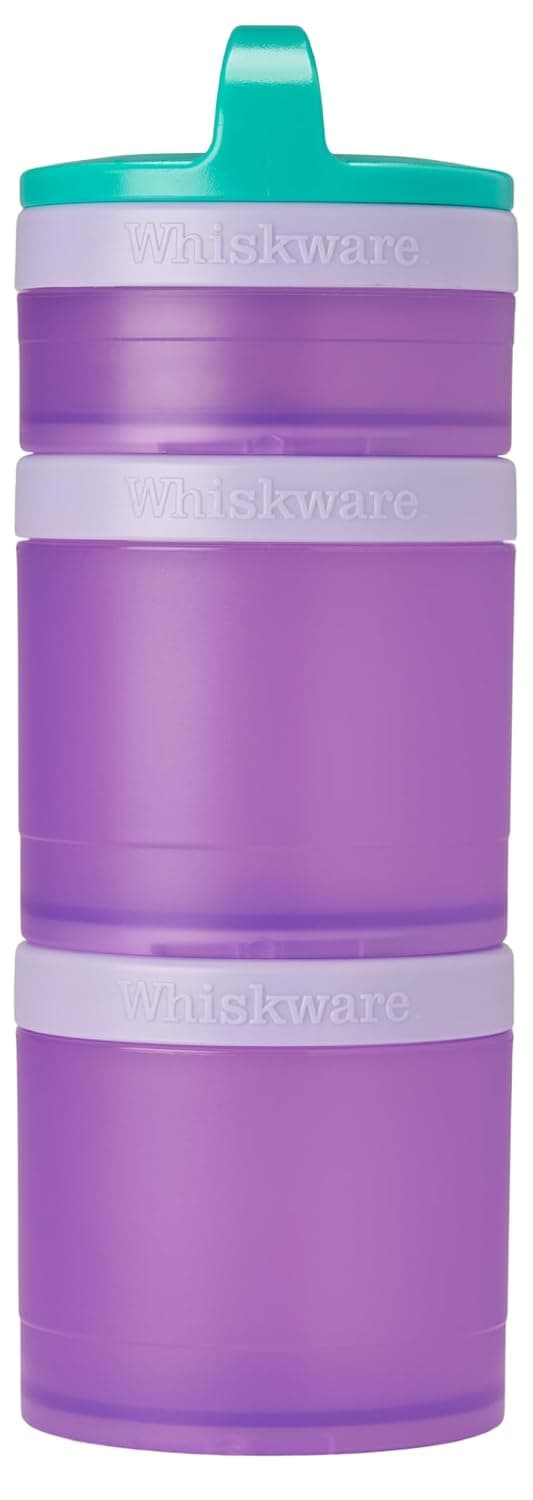 Whiskware Stackable Snack Containers for Kids and Toddlers, 3 Stackable Snack Cups for School and Travel, Green/Purple/Purple
