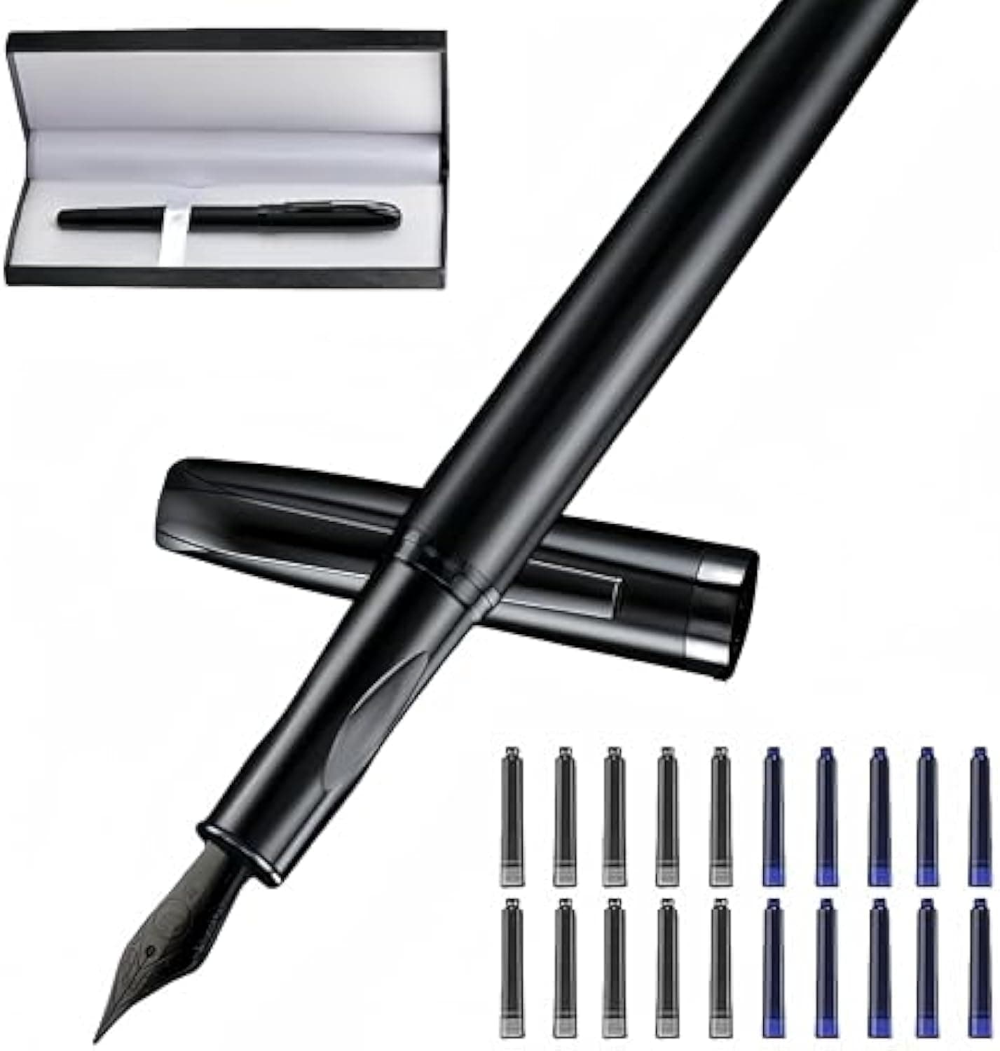 Metal Fountain Pen, Extra Fine Nib Fountain Pen, Fountain Pen for Writing Refillable, Stunning Luxury Pen with 10 Blue Ink Sacs and 10 Black Ink Sacs, Elegant, Reliable, Nice Pen for Writing