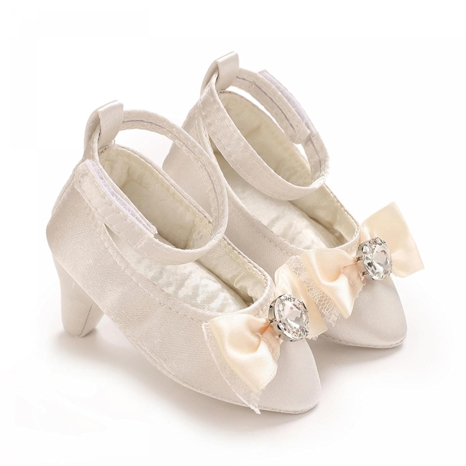 Baby Girls Princess Shoes with High Heels Bow Diamond Decor Soft Sole Non-Slip Newborn Infant First Walking Shoes
