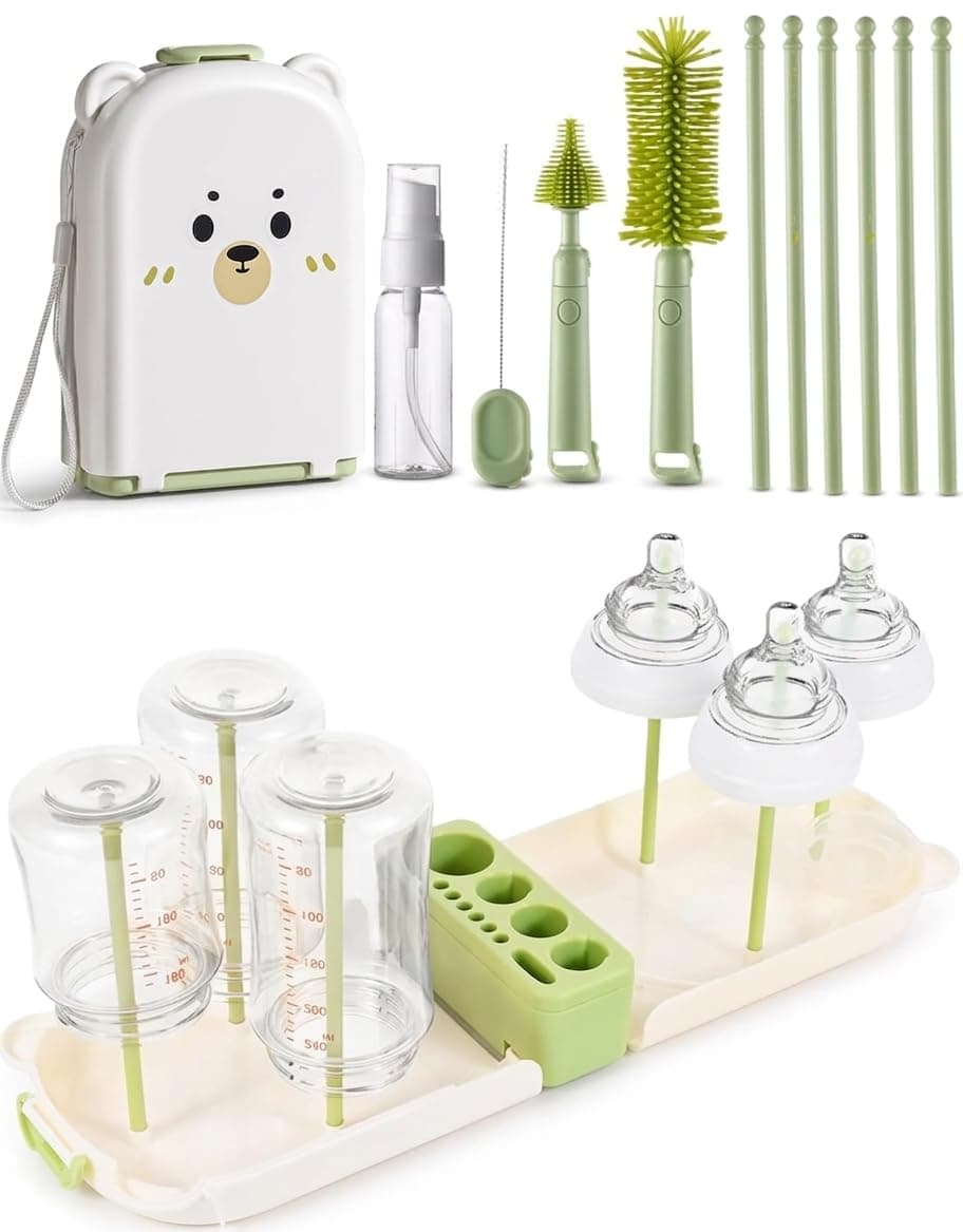 Travel Bottle Cleaner kit, 7in1 Baby Toddler Travel Essential Silicone Bottle Brush Set, , Drying Rack, Straw, & Breast Pump Cleaning, Soap Dispenser & Organizer Case, Gift for Mom (White)