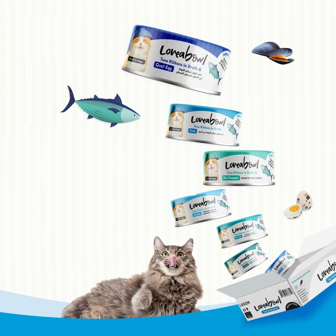 Loveabowl Wet Cat Food, Variety Pack Tuna Ribbons in Gravy- 6 Flavors, 24 Cans, 70g Each