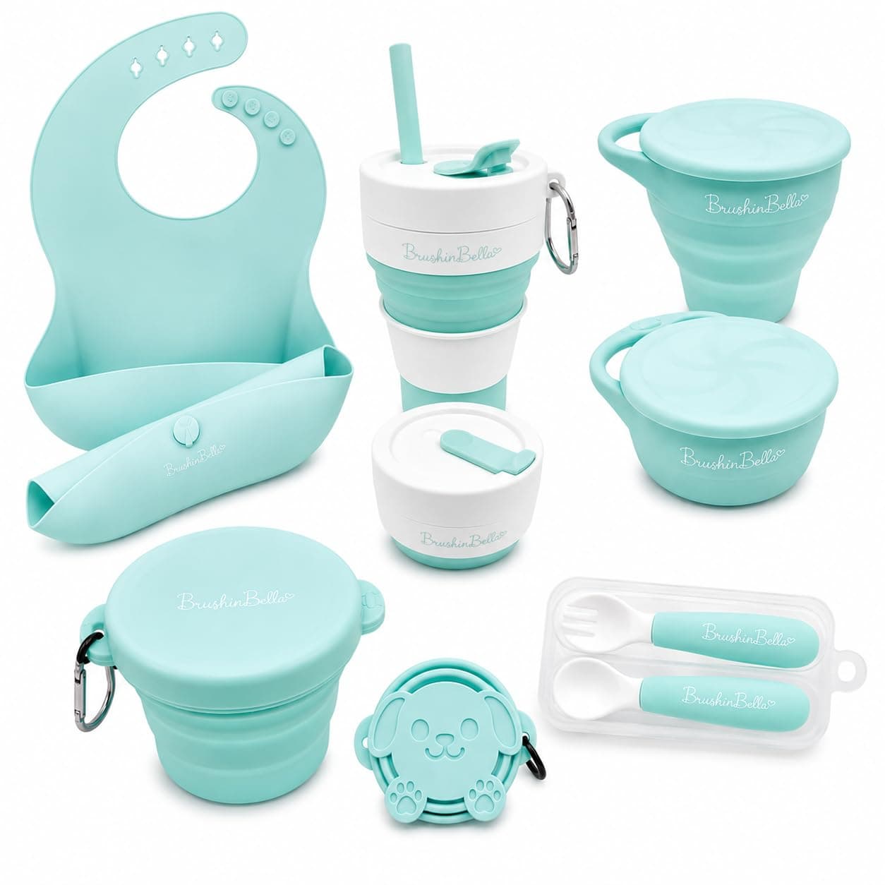 Baby Feeding Set - Collapsible Feeding Supplies for Travel - Food Grade Silicone Suction Baby Bowl, Baby Plate, Baby Bib, Baby Spoons First Stage - Cute Baby Eating Supplies Toddler Gift