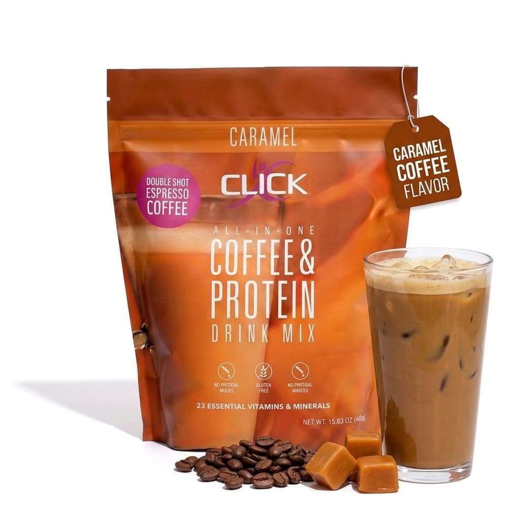 CLICK All-In-One Protein & Coffee Meal Replacement Drink Mix, Caramel, 15.3 Ounce | 16g protein per serving, 23 essential vitamins, 150mg caffeine, No artificial flavors or colors, Low calorie, Long Shelf Life