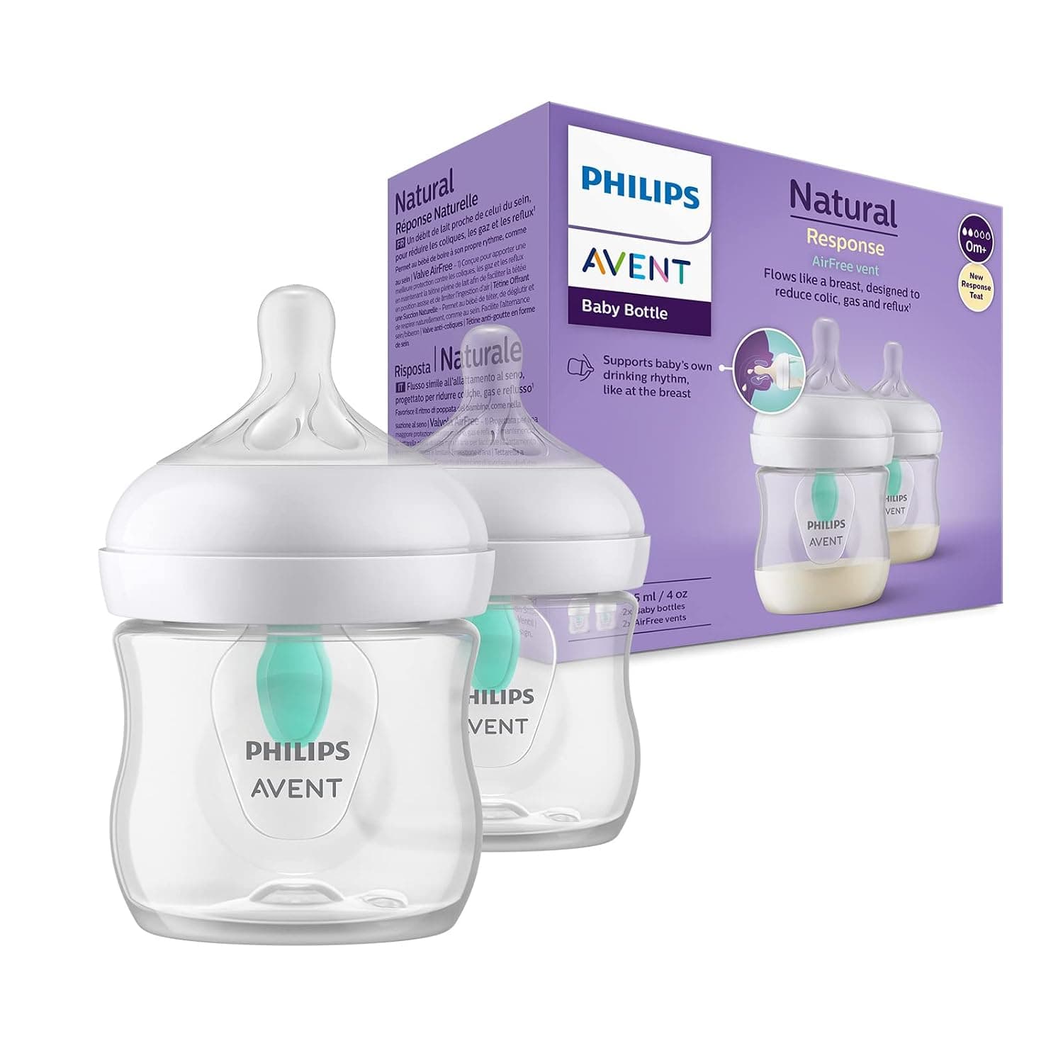 Philips AVENT Natural Response Bottles with AirFree Valve, 125 ml, BPA-free, for babies 0 months and up, Pack of 2, Model SCY670/02