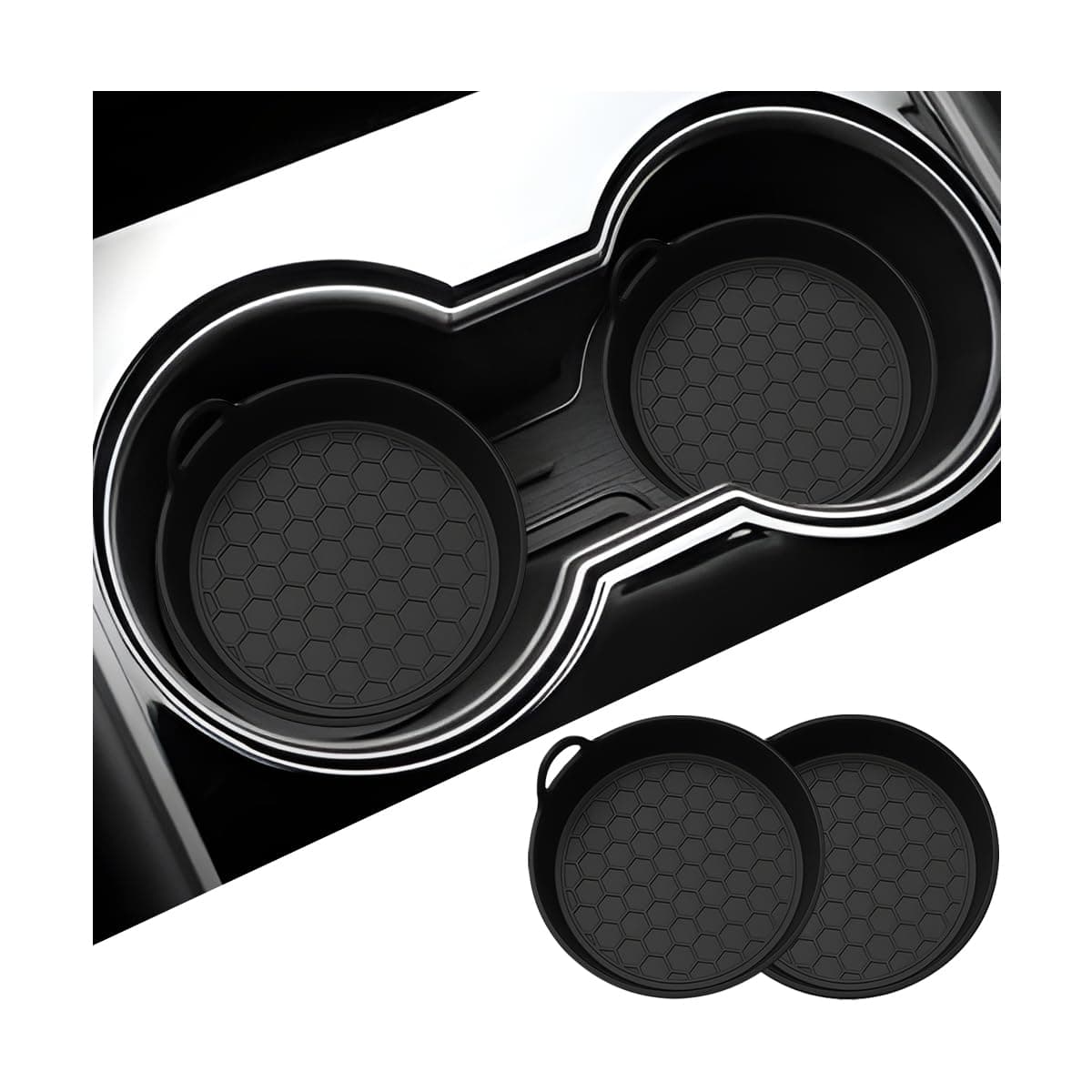 Car Cup Holder Coaster, 2PCS Silicone Non-Slip Dustproof Insert Vehicle Water Bottle Holder Mat, Embedded Shockproof Auto Interior Accessories, Universal for Truck SUV Sedan (Black)