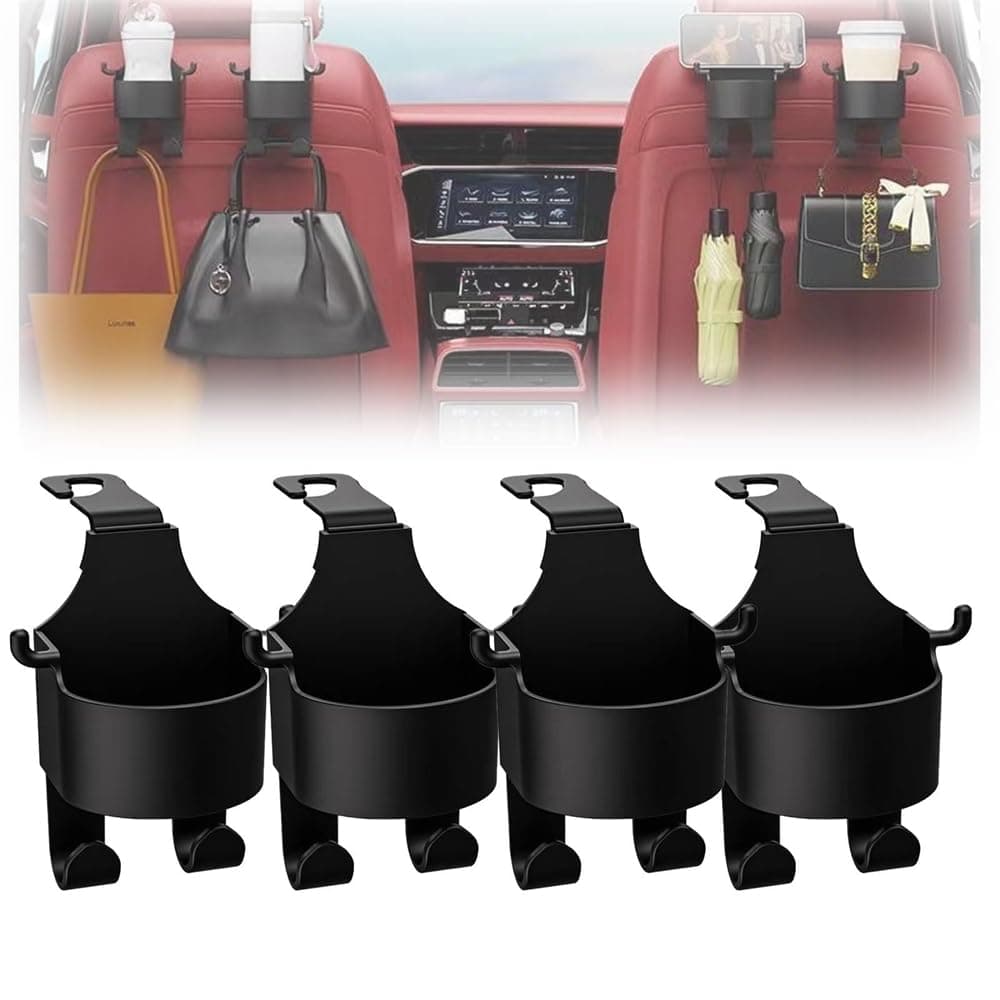 4PCS Multifunctional Hook for Car Seat Back, 3 in 1 Car Seat Cup Holder with Long and Short Headrest Hook, Universal Hanging, Multifunctional Storage for Car Travel Accessories